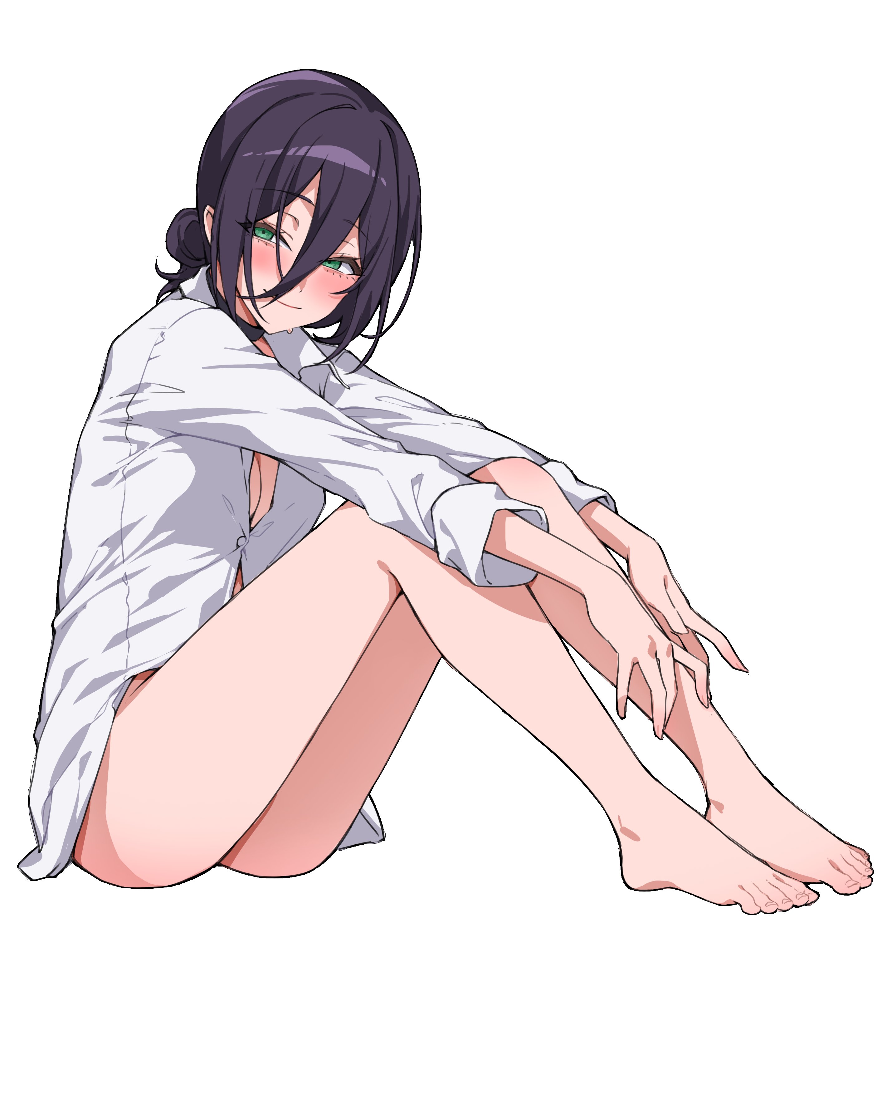 reze (chainsaw man), chainsaw man, absurdres, highres, 1girl, bababa1001, bare legs, barefoot, black choker, blush, breasts, choker, cleavage, closed mouth, collared shirt, full body, green eyes, hair between eyes, hair bun, hugging own legs, looking at viewer, medium breasts, medium hair, no panties, no pants, outstretched arms, purple hair, shirt, sitting, smile, solo, updo, wet, white background, white shirt