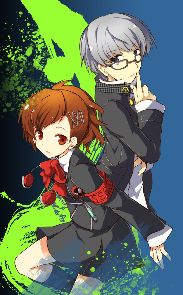 kamiyoshi rika, narukami yu, shiomi kotone, atlus, persona, persona 3, persona 3 portable, persona 4, 1boy, 1girl, brown hair, glasses, grey hair, headphones, short hair