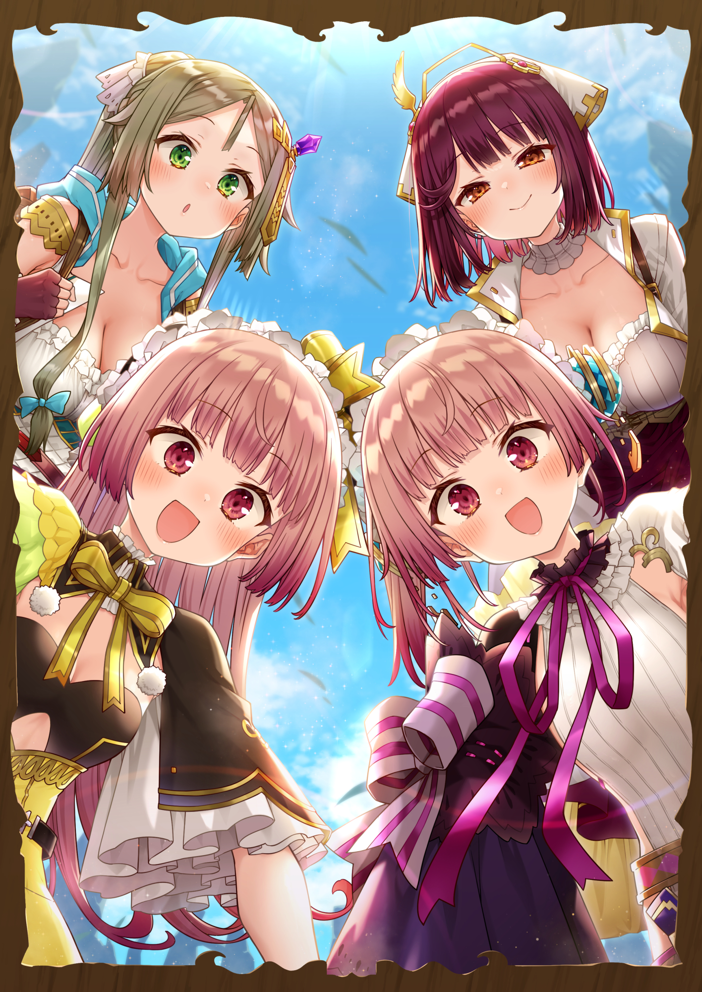 alt (ctrldel), firis mistlud, lydie malen, sophie neuenmuller, suelle malen, atelier (series), atelier lydie & suelle, atelier sophie, commentary request, highres, 4girls, :d, :o, blue sky, blush, breasts, brown hair, choker, cleavage, closed mouth, cloud, collarbone, day, fingerless gloves, gloves, green eyes, long hair, looking at viewer, medium breasts, multiple girls, open mouth, outdoors, pink hair, pink ribbon, red gloves, red hair, ribbon, short hair, sky, small breasts, smile, white choker