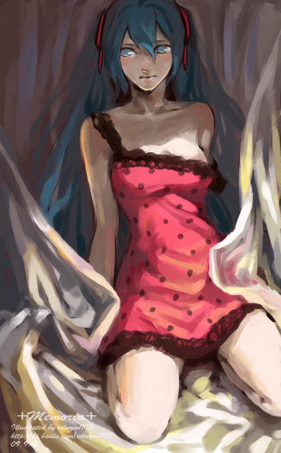 emmmerald, hatsune miku, romeo to cinderella (vocaloid), vocaloid, bad id, bad pixiv id, highres, 1girl, aqua eyes, aqua hair, camisole, female focus, long hair, sitting, solo, twintails