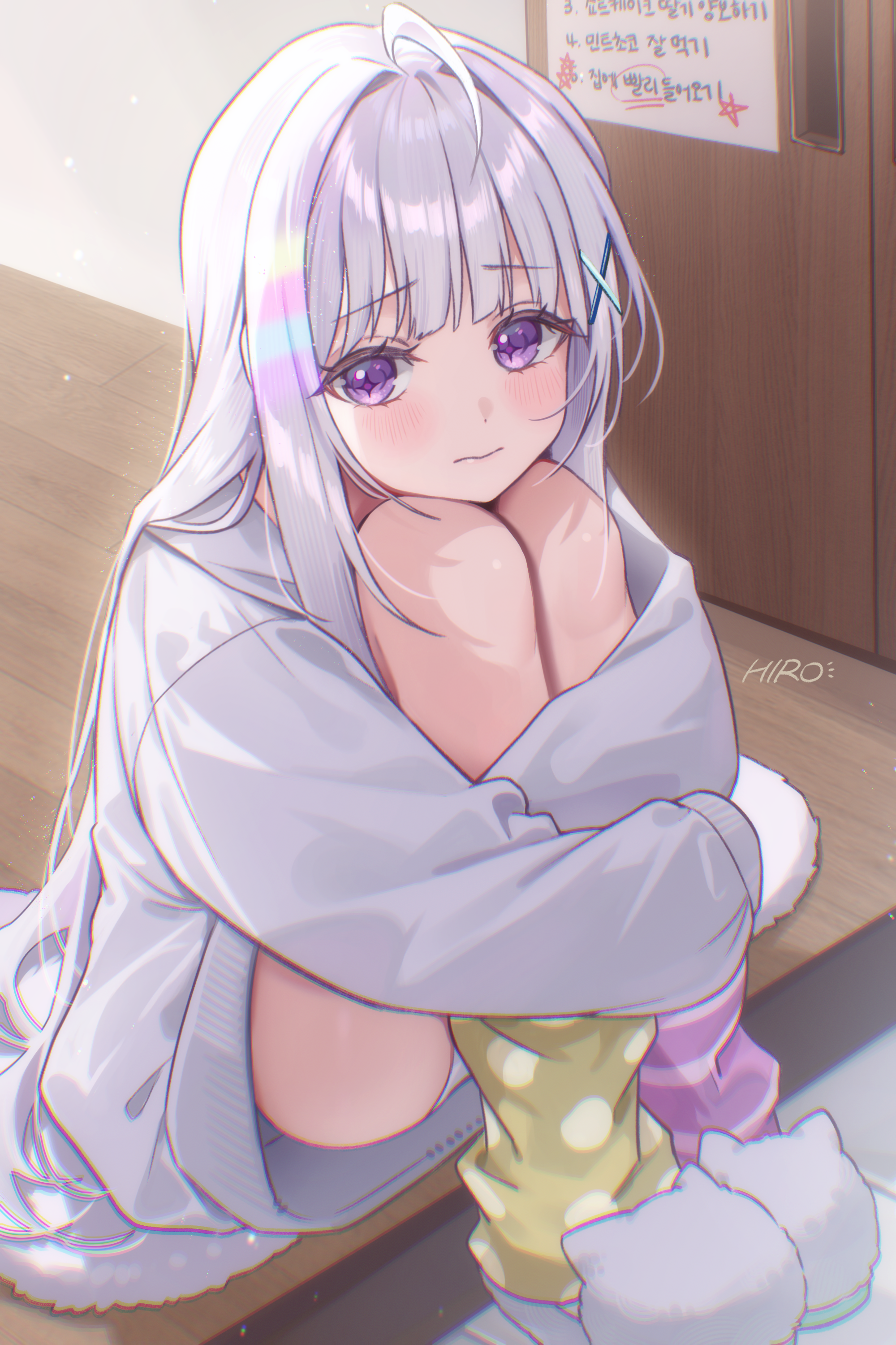 rounizm, ayatsuno yuni, stellive, absurdres, commentary, english commentary, highres, translation request, 1girl, animal slippers, asymmetrical legwear, brown socks, closed mouth, grey hair, grey jacket, hair ornament, hairclip, hugging own legs, jacket, knees up, korean text, long hair, long sleeves, looking at viewer, mismatched legwear, panties, polka dot, polka dot socks, puffy long sleeves, puffy sleeves, purple eyes, signature, sitting, sleeves past fingers, sleeves past wrists, slippers, socks, solo, striped clothes, striped socks, underwear, very long hair, virtual youtuber, white panties, white slippers, wooden floor, x hair ornament