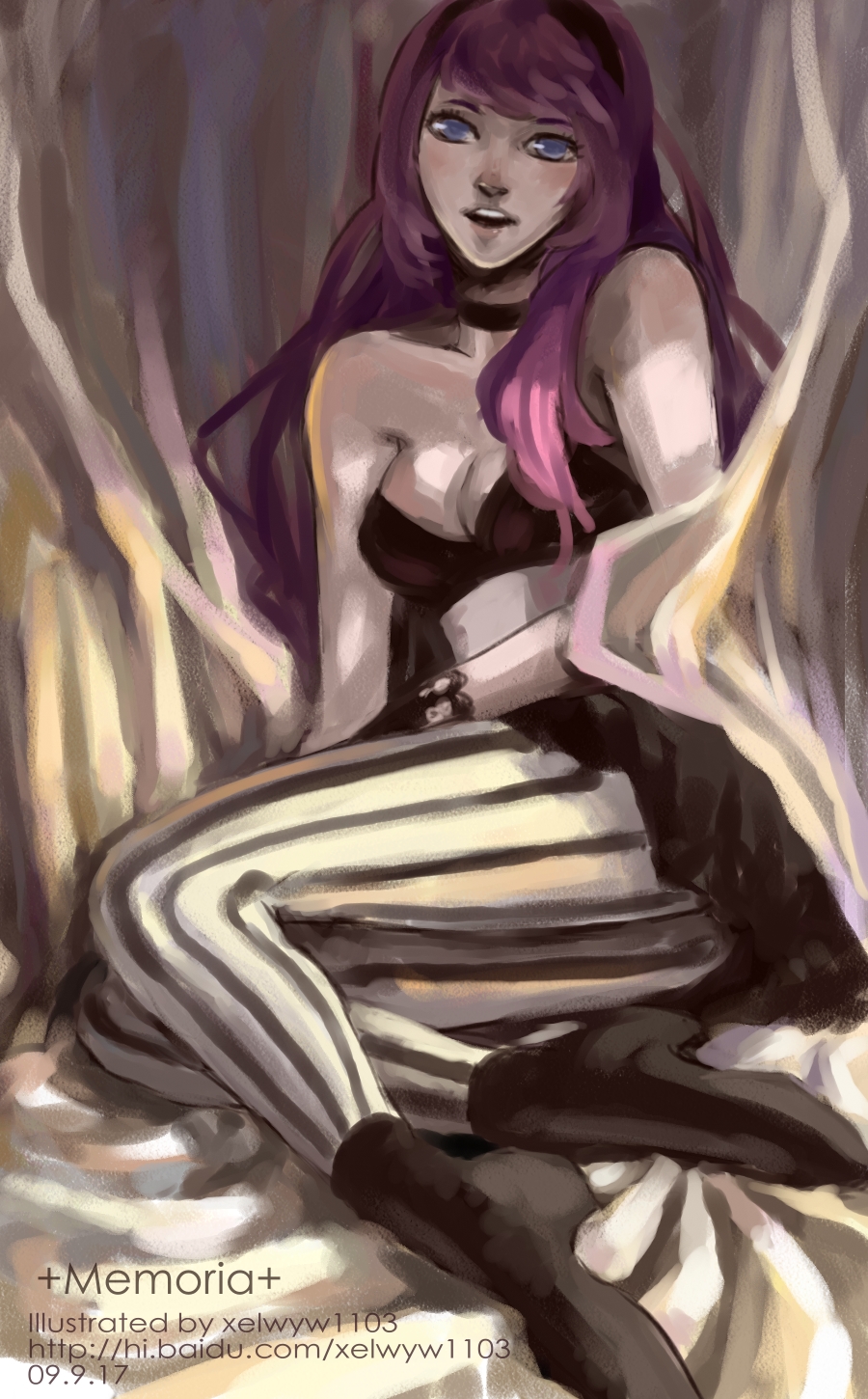 emmmerald, megurine luka, vocaloid, bad id, bad pixiv id, highres, 1girl, black dress, black shoes, blue eyes, choker, dress, female focus, gloves, legs, long hair, painterly, pantyhose, patterned legwear, pink hair, shoes, sitting, solo, strapless, strapless dress, striped clothes, striped pantyhose, vertical-striped clothes, vertical-striped pantyhose