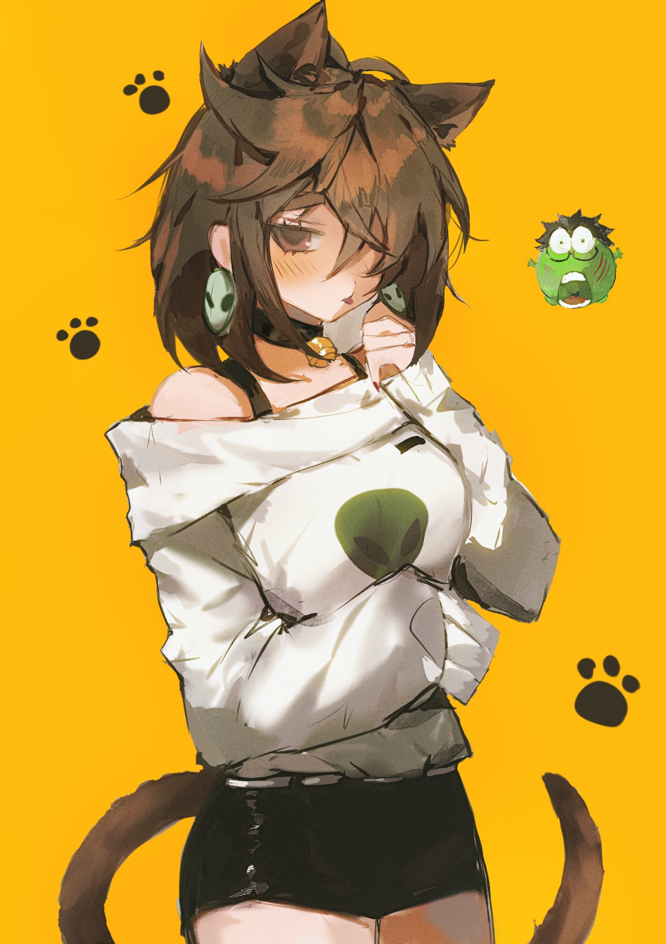 de557777, ayase momo, takakura ken (dandadan), dandadan, highres, 1boy, 1girl, animal ears, arm under breasts, bell, black choker, black hair, black shorts, black tank top, blush, breasts, brown eyes, cat ears, cat girl, cat tail, chibi, chibi inset, choker, cowboy shot, crossed bangs, earrings, glasses, hair between eyes, hair over one eye, hand to own mouth, jewelry, kemonomimi mode, medium breasts, medium hair, neck bell, off-shoulder sweater, off shoulder, open mouth, orange background, paw print, paw print background, short hair, short shorts, shorts, sweater, tail, tank top, thick eyebrows, tongue, tongue out, white sweater