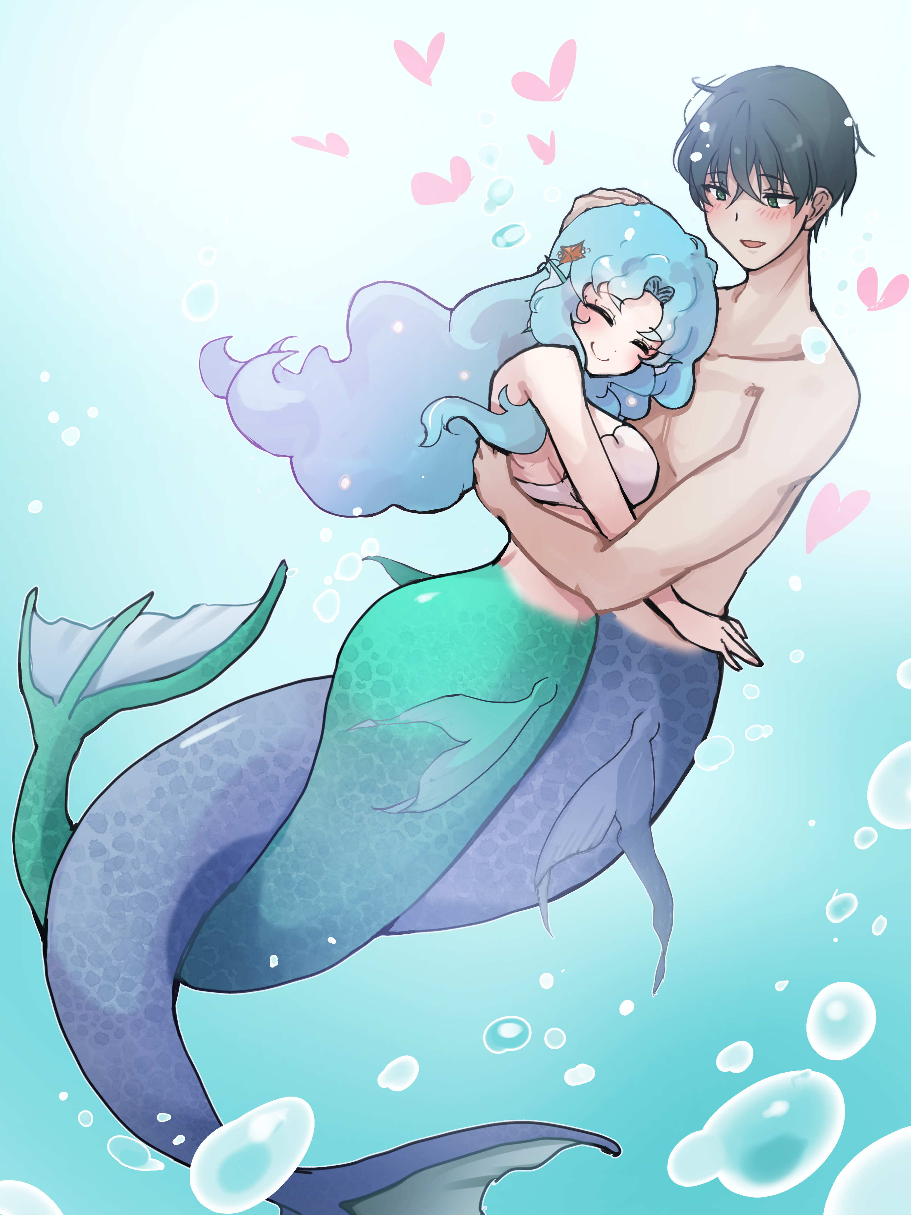 komena (shinyday312), original, absurdres, commentary request, highres, 1boy, 1girl, air bubble, bikini, black hair, blue hair, blue tail, blush, breasts, bubble, closed eyes, completely nude, fins, gradient hair, green eyes, green tail, hair between eyes, hair ornament, hand on another's back, hand on another's head, hand on another's waist, heart, hug, intertwined tails, large breasts, long hair, long sidelocks, looking at another, mermaid, merman, monster boy, monster girl, multicolored hair, nude, open mouth, pectorals, purple hair, scales, shell, shell bikini, short hair, sidelocks, smile, starfish, starfish hair ornament, swimming, swimsuit, tails touching, underwater
