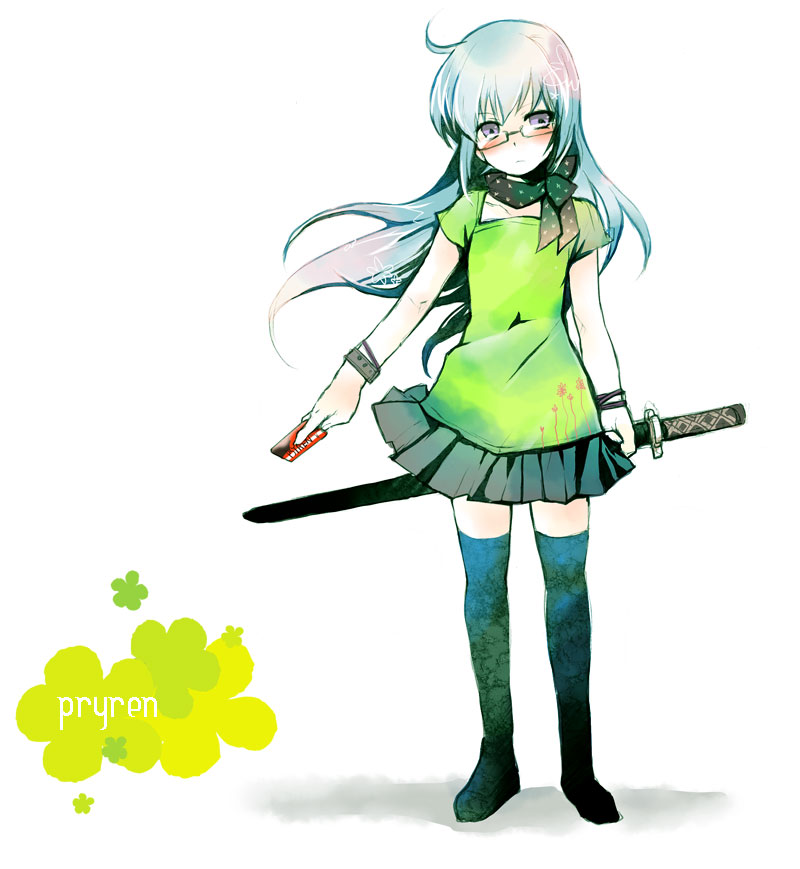 misaki kozue, amamiya sakurako, psyren, bad id, bad pixiv id, 1girl, blush, female focus, glasses, solo, sword, thighhighs, typo, weapon