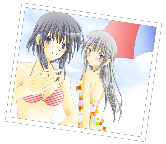 maturi itijo, julia (fire emblem), larcei (fire emblem), fire emblem, fire emblem: genealogy of the holy war, nintendo, bikini, black hair, blush, grey eyes, grey hair, long hair, photo (object), purple eyes, short hair, swimsuit