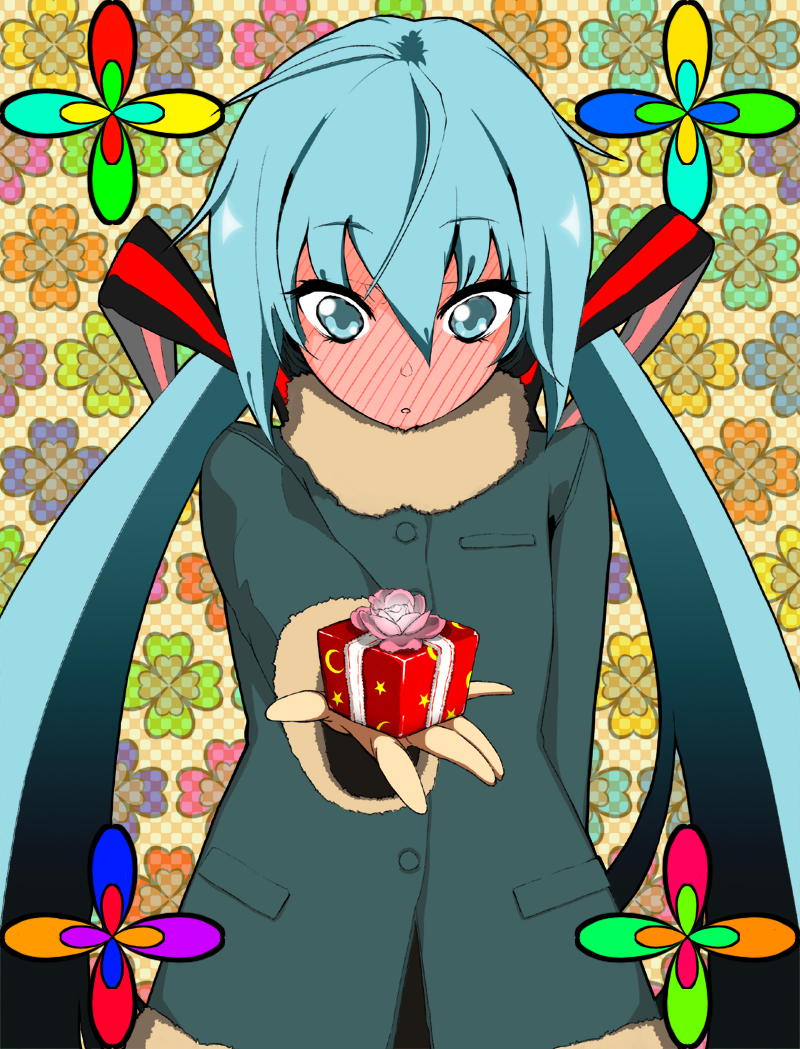 u+, hatsune miku, vocaloid, 1girl, aqua eyes, aqua hair, blush, coat, female focus, flower, gift, holding, holding gift, long hair, rose, solo, twintails