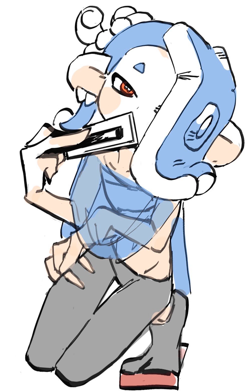 aluy01, shiver (deep cut outfit) (splatoon), shiver (splatoon), nintendo, splatoon (series), splatoon 3, 1girl, blue hair, chest sarashi, folding fan, hair over one eye, hand fan, kneeling, looking at viewer, octoling, paper fan, sarashi, solo, tentacle hair, white background