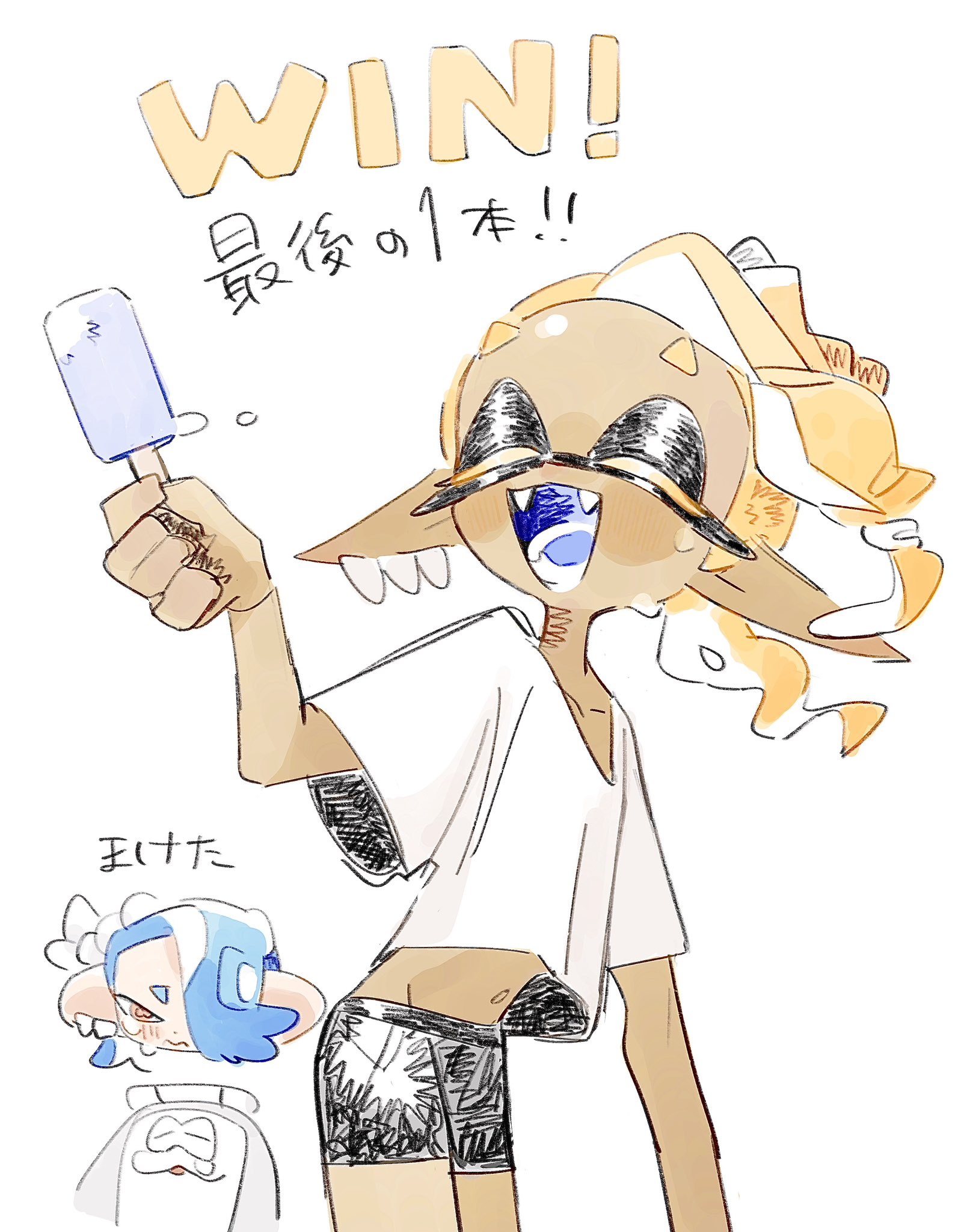 aluy01, big man (grand festival) (splatoon), big man (splatoon), frye (splatoon), shiver (splatoon), nintendo, splatoon (series), splatoon 3, 1boy, 2girls, bike shorts, blush, closed eyes, collarbone, crying, dark-skinned female, dark skin, fanfd, food, hair over one eye, multiple girls, navel, open mouth, pointy ears, popsicle, shirt, smile, solo focus, sweat, t-shirt, tentacle hair