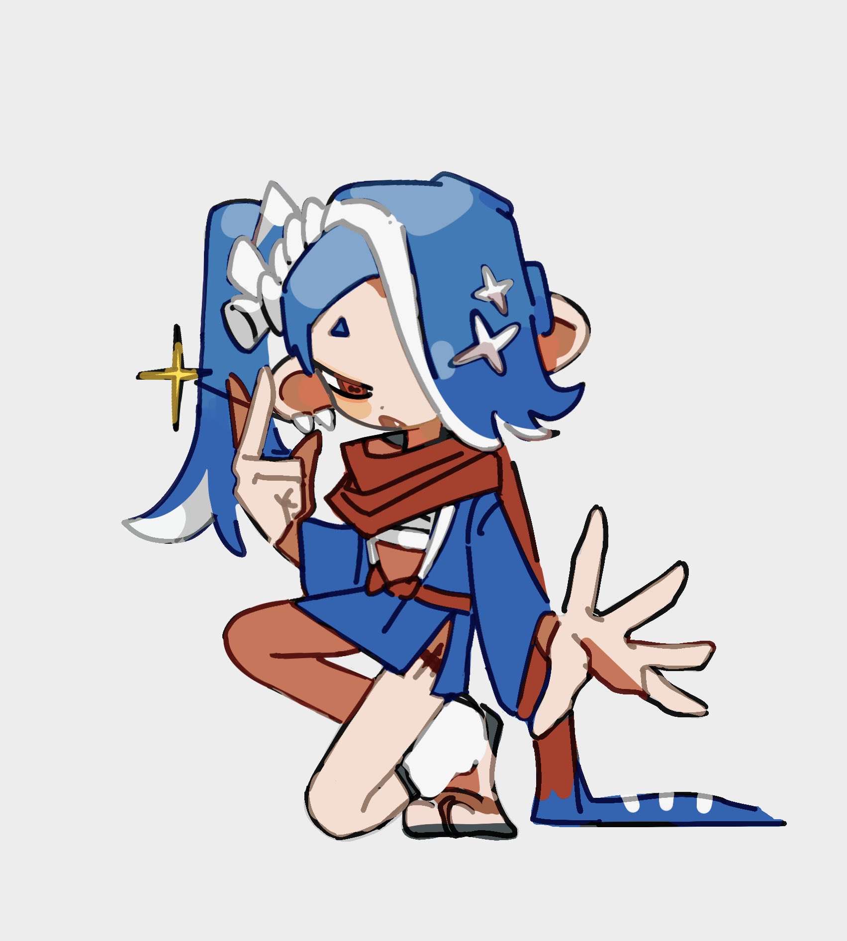 aluy01, shiver (splatoon), nintendo, splatoon (series), splatoon 3, 1girl, blue hair, chest sarashi, hair over one eye, kneeling, ninja, octoling, open mouth, red eyes, sandals, sarashi, scarf, solo, tentacle hair, thigh strap