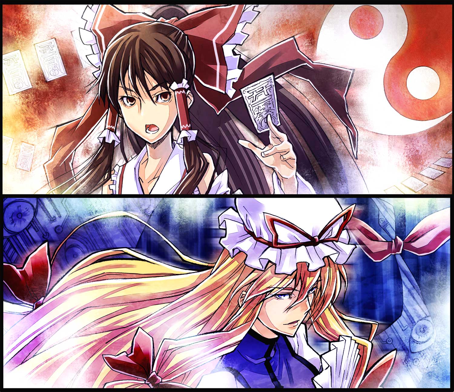 sakino shingetsu, hakurei reimu, yakumo yukari, touhou, highres, 2girls, blonde hair, bow, brown hair, detached sleeves, female focus, gap (touhou), hand fan, hat, japanese clothes, long hair, miko, multiple girls, purple eyes, red eyes