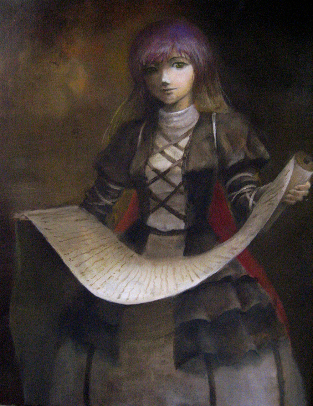 tottema, hijiri byakuren, touhou, bad id, bad pixiv id, highres, 1girl, cape, dress, female focus, film grain, fine art parody, gothic lolita, gradient hair, lolita fashion, long hair, multicolored hair, parody, realistic, scroll, solo