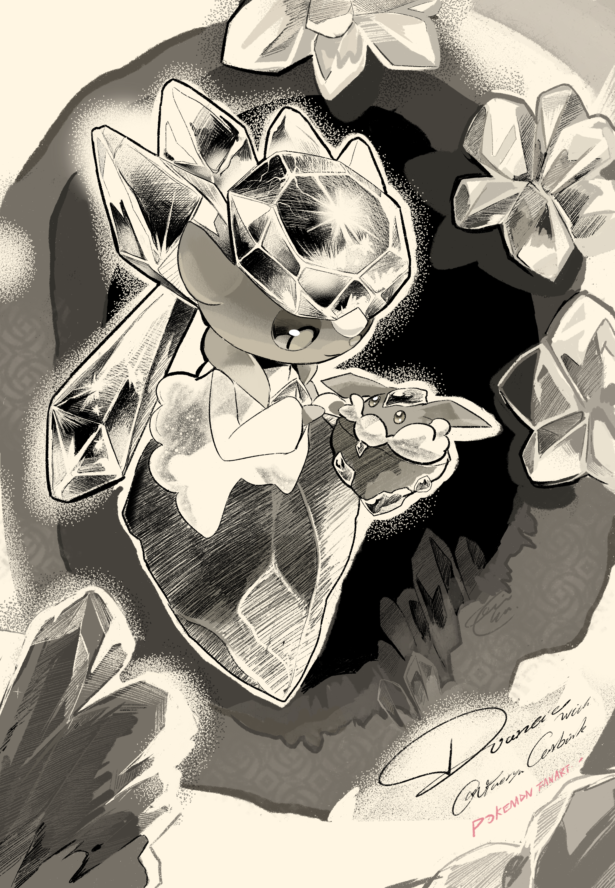 yueryu (taroyuer2), carbink, diancie, nintendo, pokemon, 1girl, animal ears, artist name, character name, closed mouth, english text, eye contact, female focus, full body, gem, gen 6 pokemon, geode, greyscale, hand up, happy, legendary pokemon, long hair, looking at another, looking down, monochrome, mythical pokemon, outline, pokemon (creature), rock, signature, smile, twintails