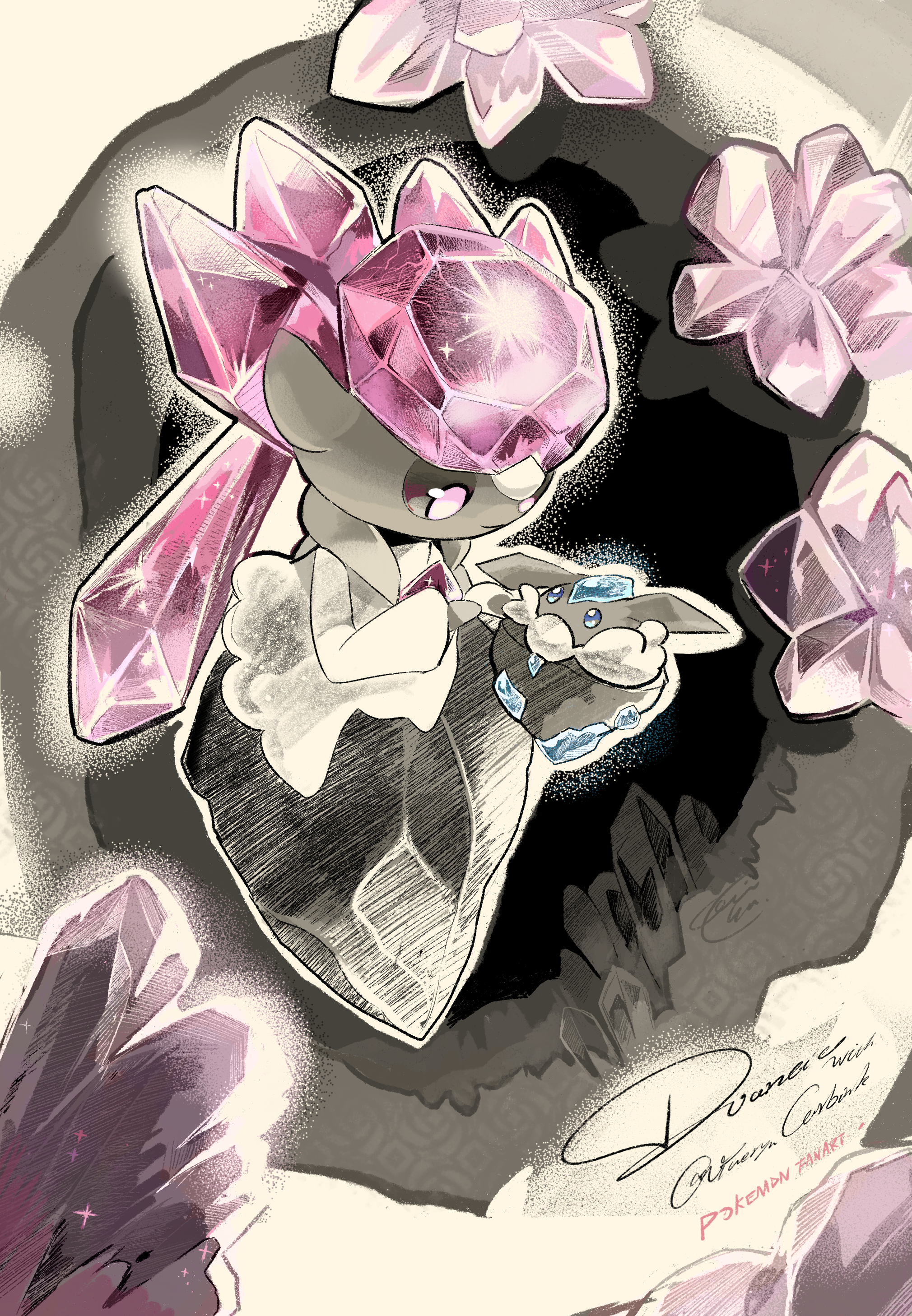 yueryu (taroyuer2), carbink, diancie, nintendo, pokemon, 1girl, animal ears, artist name, blue eyes, character name, closed mouth, colored sclera, colored skin, english text, eye contact, female focus, full body, gem, gen 6 pokemon, geode, grey sclera, grey skin, hand up, happy, legendary pokemon, long hair, looking at another, looking down, mythical pokemon, outline, pink eyes, pink hair, pokemon (creature), rock, signature, smile, twintails