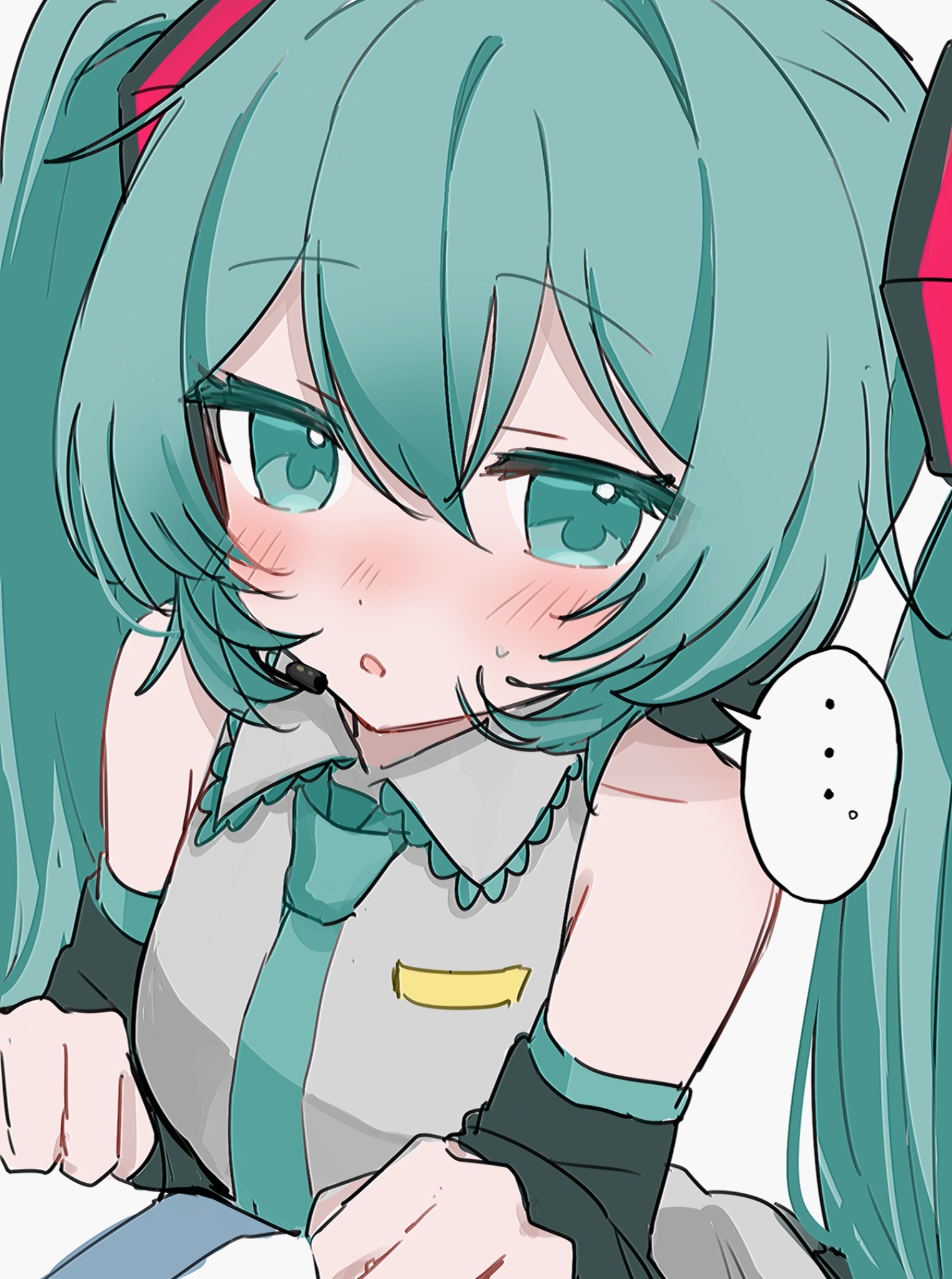 yukia 1128, hatsune miku, vocaloid, commentary request, highres, …, 1girl, bare shoulders, black sleeves, blush, collarbone, collared shirt, detached sleeves, green eyes, green hair, green necktie, grey shirt, hair between eyes, long hair, long sleeves, looking at viewer, necktie, parted lips, shirt, simple background, sleeveless, sleeveless shirt, solo focus, spoken ellipsis, sweat, twintails, very long hair, white background
