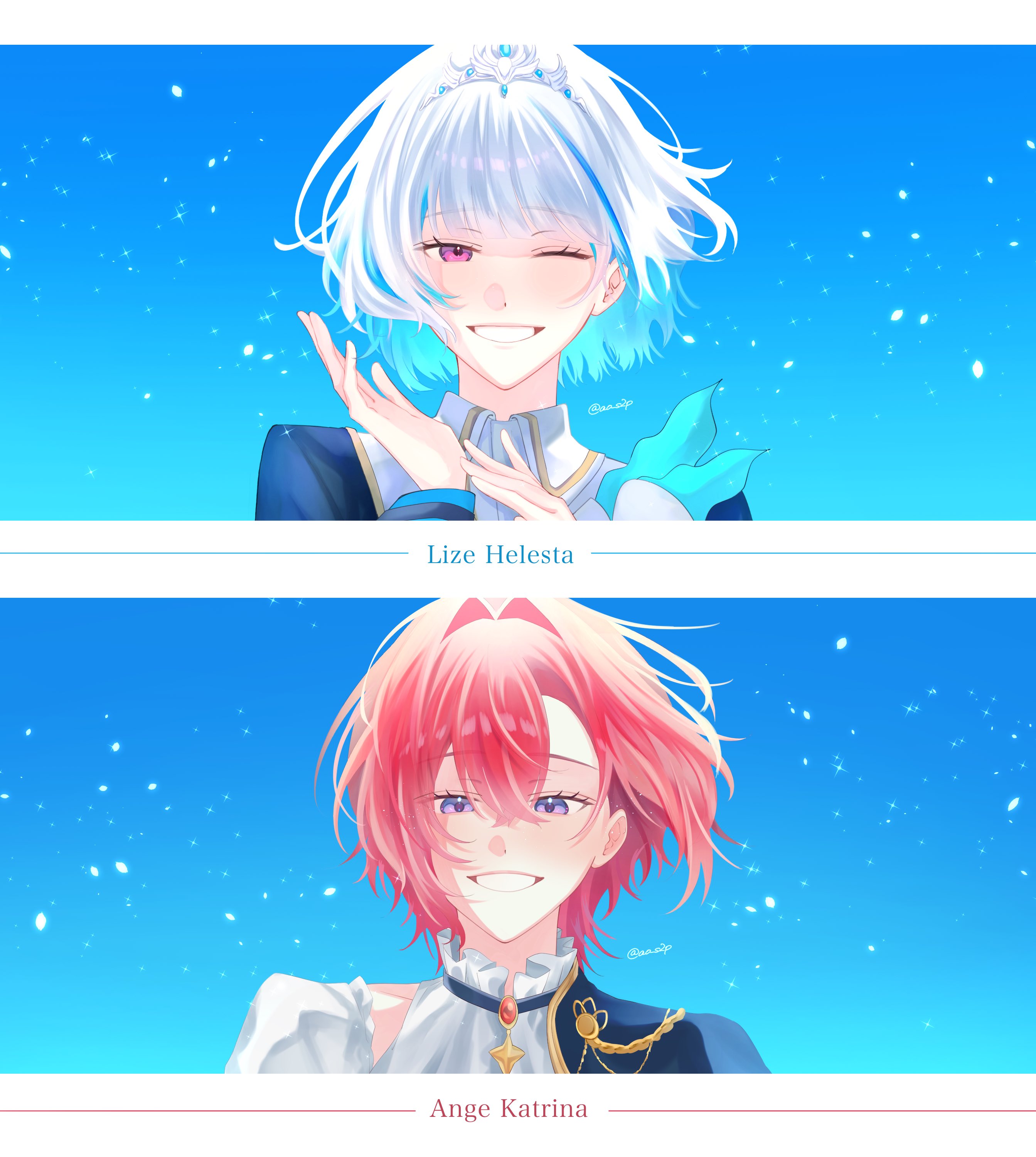 ange katrina, lize helesta, nijisanji, absurdres, commentary request, highres, 2girls, aiguillette, ao s2p, blue background, blue cape, blue hair, blush, cape, character name, clothing cutout, collared shirt, colored inner hair, crossed bangs, eyelashes, frilled shirt collar, frills, grin, hair between eyes, hair intakes, hands up, long bangs, looking at viewer, medium hair, multicolored hair, multiple girls, nijisanji idol uniform, one eye closed, portrait, purple eyes, red hair, shirt, short hair, shoulder cutout, side cape, silver tiara, smile, sparkle, straight-on, streaked hair, twitter username, two-tone hair, virtual youtuber, white hair, white shirt, wolf cut