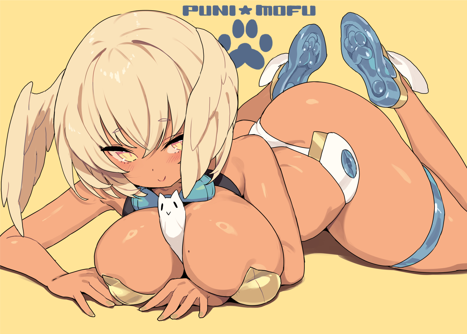 blade (galaxist), megami device, character request, commentary request, highres, 1girl, ass, blonde hair, blue shoes, breasts, cleavage, closed mouth, dark-skinned female, dark skin, head wings, looking at viewer, lying, mole, mole on breast, on stomach, shoes, smile, solo, thigh strap, wings, yellow background, yellow eyes