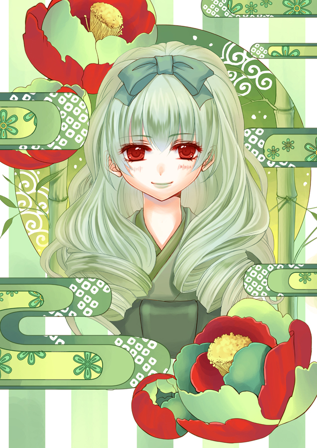 okuma mai, original, bad id, bad pixiv id, 1girl, bamboo, blush, bow, camellia, egasumi, female focus, flower, green flower, green hair, hair bow, japanese clothes, kimono, red eyes, smile, solo
