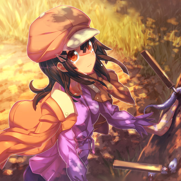 is ii, sengoku nadeko, bakemonogatari, monogatari (series), bad id, bad pixiv id, 00s, 1girl, brown hair, female focus, hat, jacket, jacket on shoulders, nature, newsboy cap, orange eyes, outdoors, solo, tears, tree