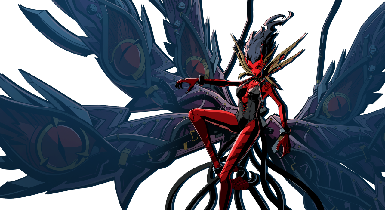 persona, persona 5, persona 5: the phantom x, artist request, official art, third-party source, 1girl, black hair, black sclera, breasts, center opening, claws, colored sclera, colored skin, cuffs, kiskil-lilla (persona), long eyebrows, persona (summon), red skin, shackles, slit pupils, solo, talons, transparent background, wings