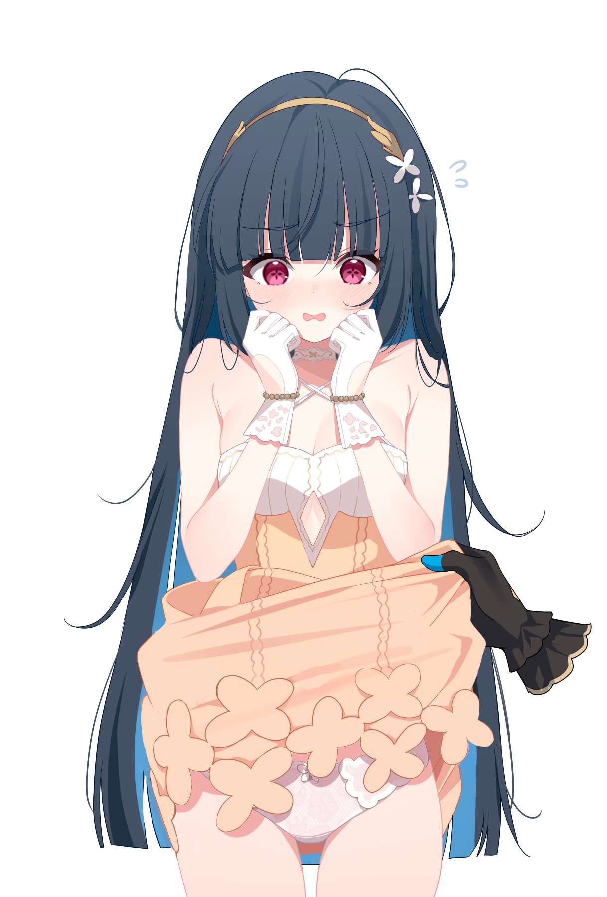 deyui, female tyrant (stella sora), nazuka (stella sora), tyrant (stella sora), stella sora, hashtag-only commentary, highres, 2girls, black hair, blue hair, blush, breasts, cleavage, clothes lift, clothing cutout, colored inner hair, criss-cross halter, dress, dress lift, embarrassed, extra pupils, flying sweatdrops, gloves, hairband, halterneck, lace, lace-trimmed gloves, lace trim, lifting another's clothes, long hair, multicolored hair, multiple girls, open mouth, orange dress, panties, parted lips, peanut mouth, red eyes, short dress, simple background, sleeveless, sleeveless dress, small breasts, solo focus, standing, two-tone dress, two-tone hair, underboob, underboob cutout, underwear, very long hair, wavy mouth, white background, white dress, white gloves, white panties