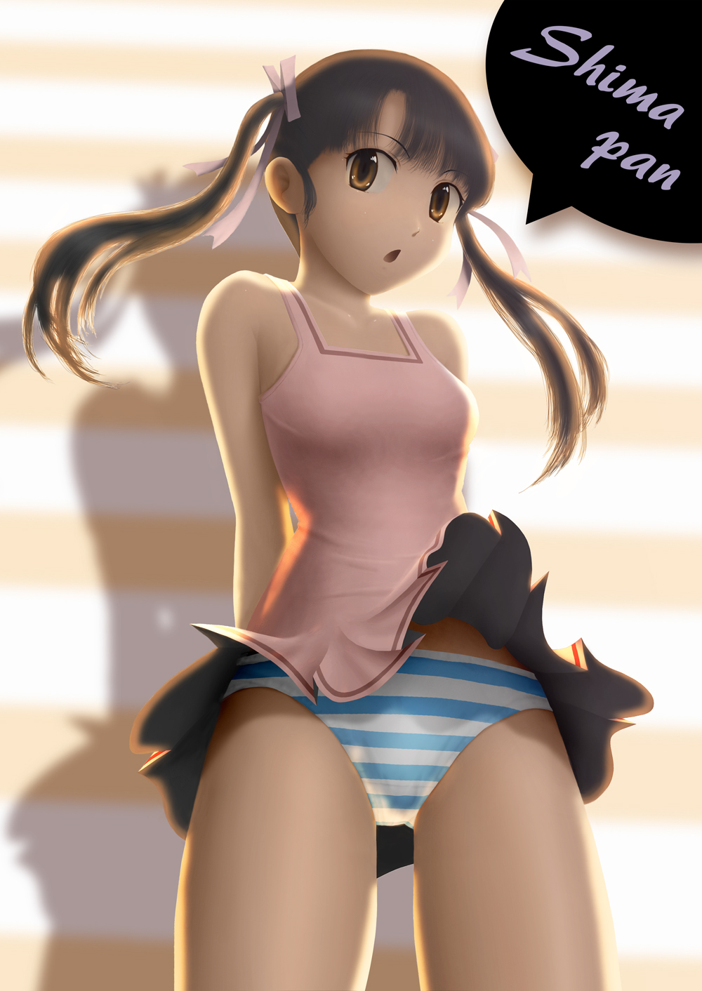 siraha, original, bad id, bad pixiv id, highres, 1girl, brown eyes, brown hair, clothes lift, dress, dress lift, female focus, panties, ribbon, solo, striped clothes, striped panties, twintails, underwear, wind, wind lift