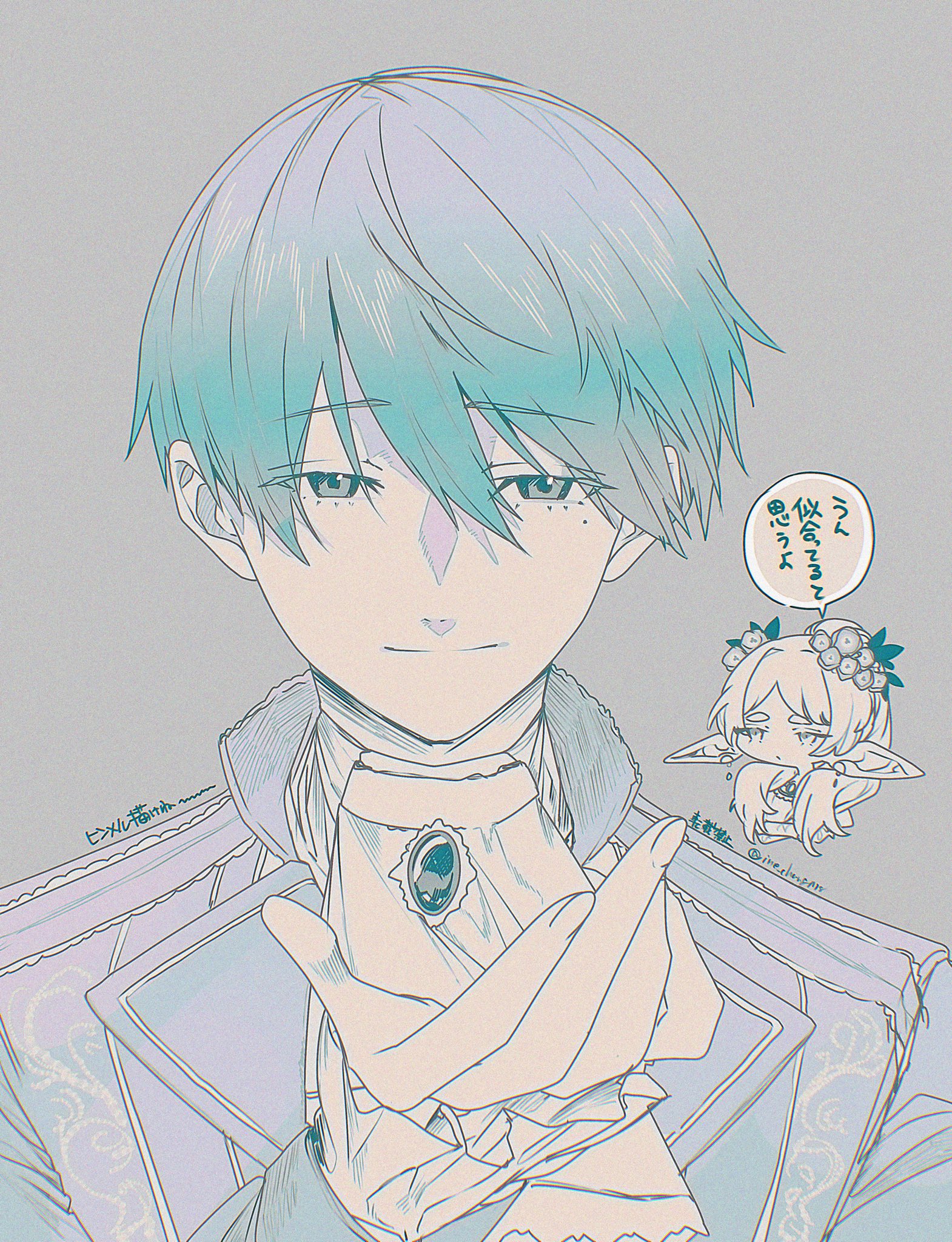 frieren, himmel (sousou no frieren), sousou no frieren, highres, 1boy, 1girl, ascot, blue hair, chibi, chibi inset, earrings, elf, flower, grey background, hair between eyes, hair flower, hair ornament, hair over shoulder, ine chang178, jewelry, light smile, looking at viewer, mole, mole under eye, official alternate costume, outstretched hand, pointy ears, ponytail, short hair, thick eyebrows, twitter username, upper body, white ascot, white hair