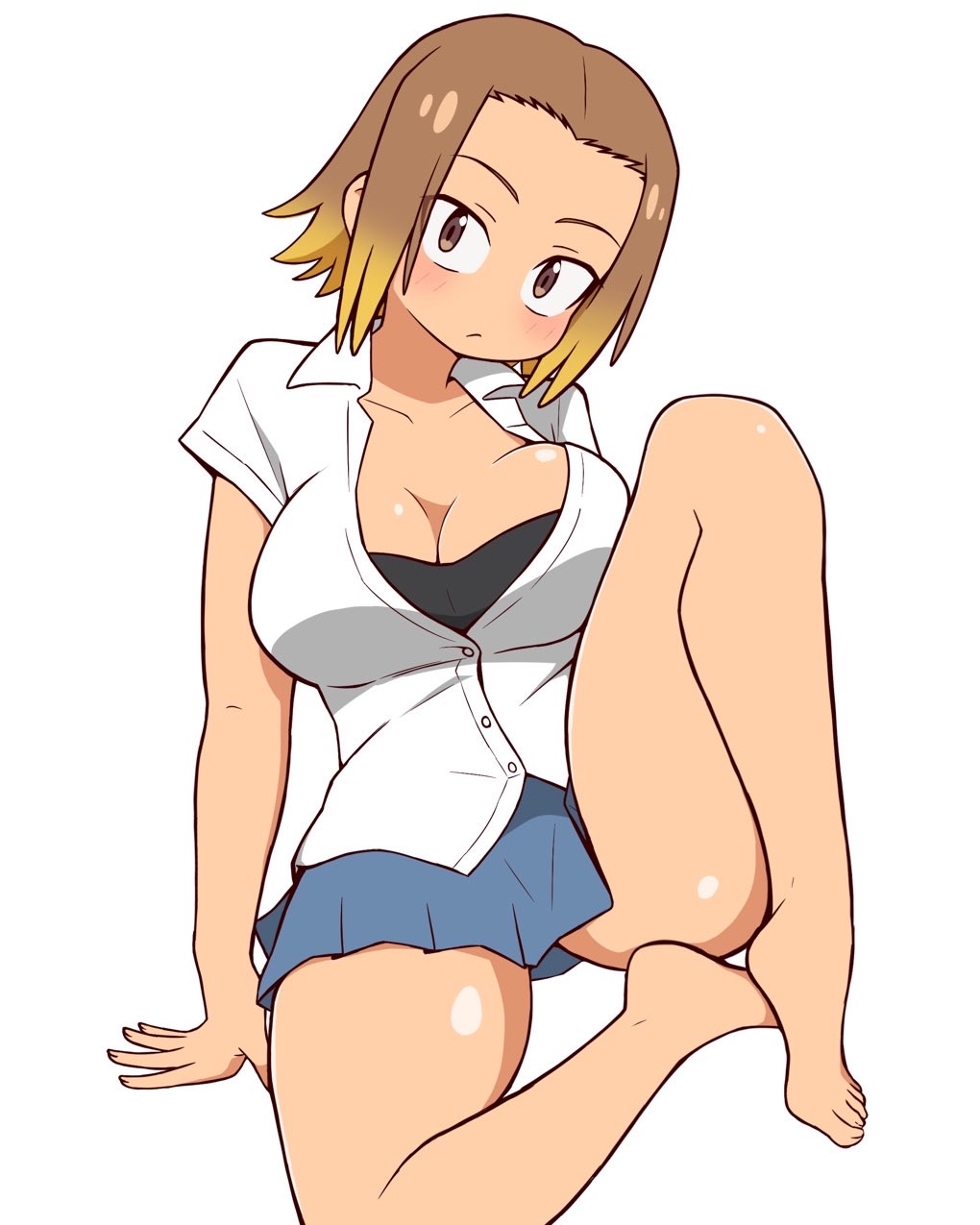 wejon, kasamaru aoi, ruri no houseki, highres, revision, 1girl, arm support, barefoot, black bra, blue skirt, blush, bra, breasts, brown eyes, brown hair, cleavage, collared shirt, dark skin, feet, gradient hair, gyaru, large breasts, looking at viewer, multicolored hair, parted bangs, pleated skirt, sanpaku, school uniform, shirt, short sleeves, simple background, sitting, skirt, solo, tan, thighs, toes, underwear, white background, white shirt