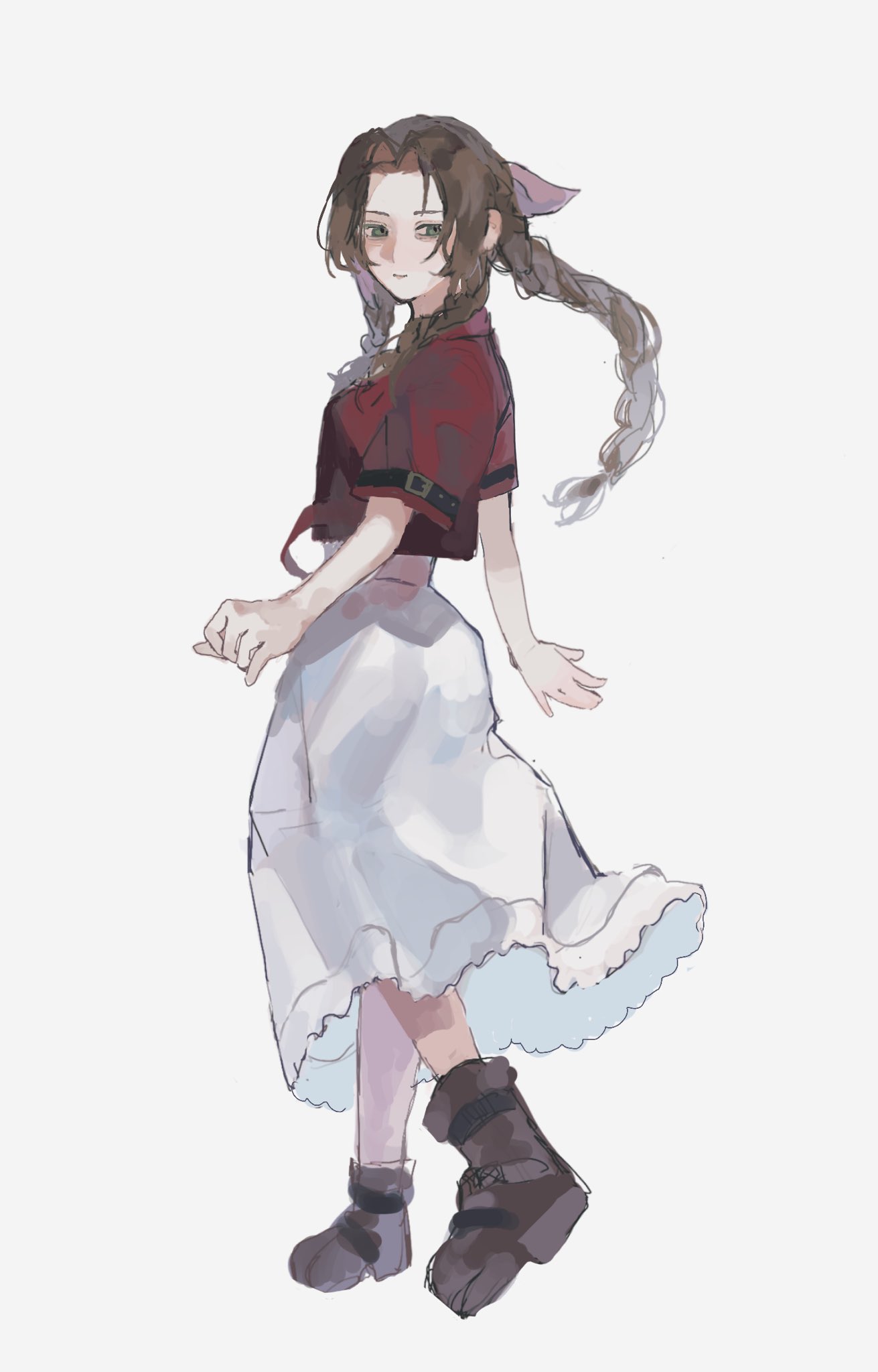 aerith gainsborough, final fantasy, final fantasy vii, final fantasy vii remake, highres, 1girl, boots, braid, braided ponytail, breasts, brown boots, brown hair, closed mouth, cropped jacket, dress, full body, green eyes, hair ribbon, jacket, long dress, long hair, looking at viewer, medium breasts, parted bangs, pink dress, pink ribbon, red jacket, ribbon, shafuta, sidelocks, single braid, sketch, solo, white background