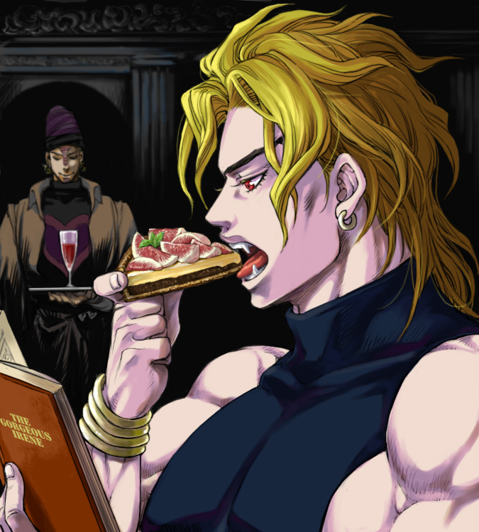 merumeru626, dio brando, terence t. d'arby, gorgeous irene, jojo no kimyou na bouken, 2boys, alcohol, blonde hair, book, cup, drinking glass, earrings, eating, fangs, food, grapefruit, jewelry, male focus, multiple boys, muscular, pie, red eyes, sleeveless, sleeveless turtleneck, solo focus, tray, turtleneck, wine, wine glass
