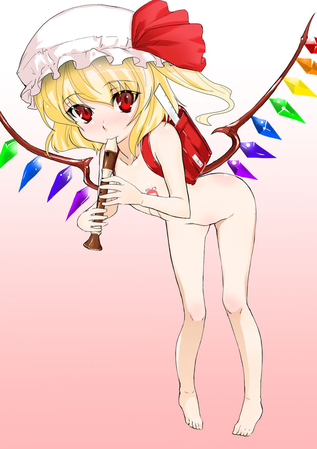 meshiya, mesiya, flandre scarlet, touhou, 1girl, backpack, bag, barefoot, blonde hair, blood, blush, feet, female focus, flat chest, flute, gradient background, hat, instrument, loli, mob cap, nude, ponytail, randoseru, recorder, red eyes, ruler, short hair, side ponytail, solo, white hat, wings