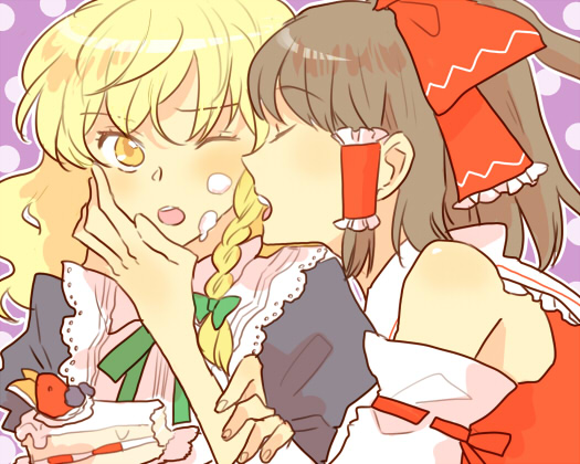 makiko, hakurei reimu, kirisame marisa, touhou, bad id, bad pixiv id, 2girls, blonde hair, bow, braid, brown hair, cake, detached sleeves, female focus, food, food on face, japanese clothes, miko, multiple girls, pastry, short hair, yellow eyes, yuri