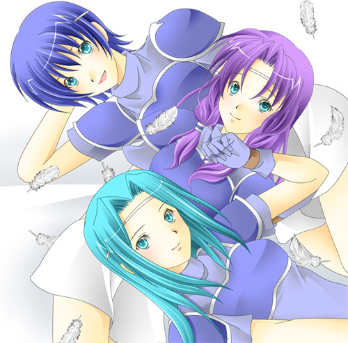 maturi itijo, farina (fire emblem), fiora (fire emblem), florina (fire emblem), fire emblem, fire emblem: the blazing blade, nintendo, pegasus knight uniform (fire emblem), lowres, 3girls, aqua eyes, aqua hair, armor, blue eyes, blue hair, circlet, feathers, gloves, green eyes, green hair, happy, headband, long hair, multiple girls, open mouth, purple hair, short hair, siblings, sisters, skirt, smile