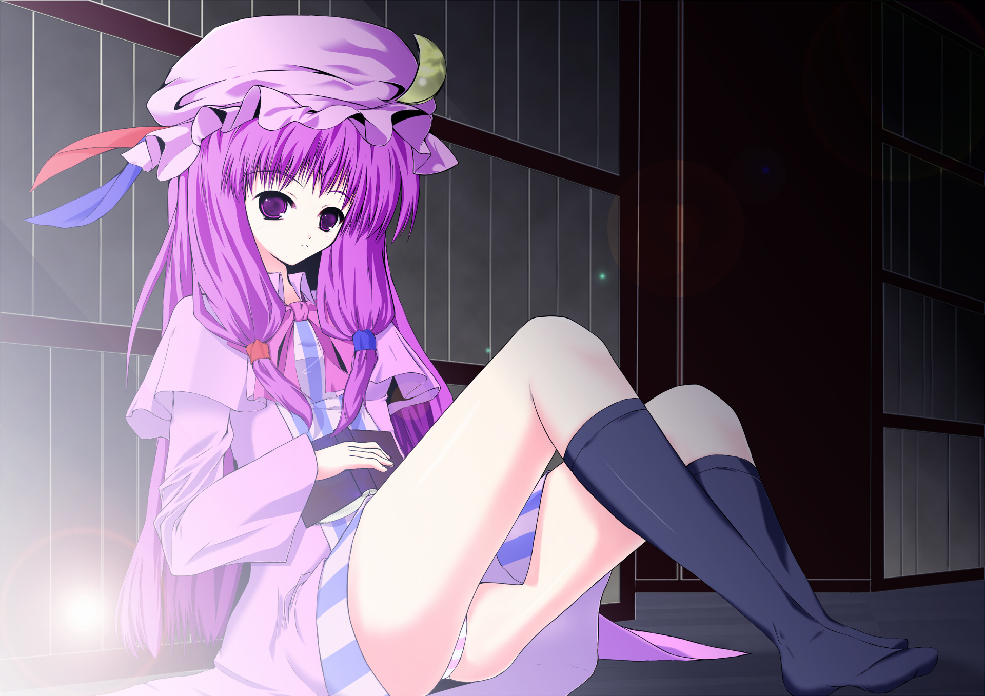 parisnoko, pariss, patchouli knowledge, touhou, bad id, bad pixiv id, highres, 1girl, book, female focus, hat, kneehighs, long hair, panties, purple eyes, purple hair, sitting, socks, solo, striped clothes, striped panties, underwear