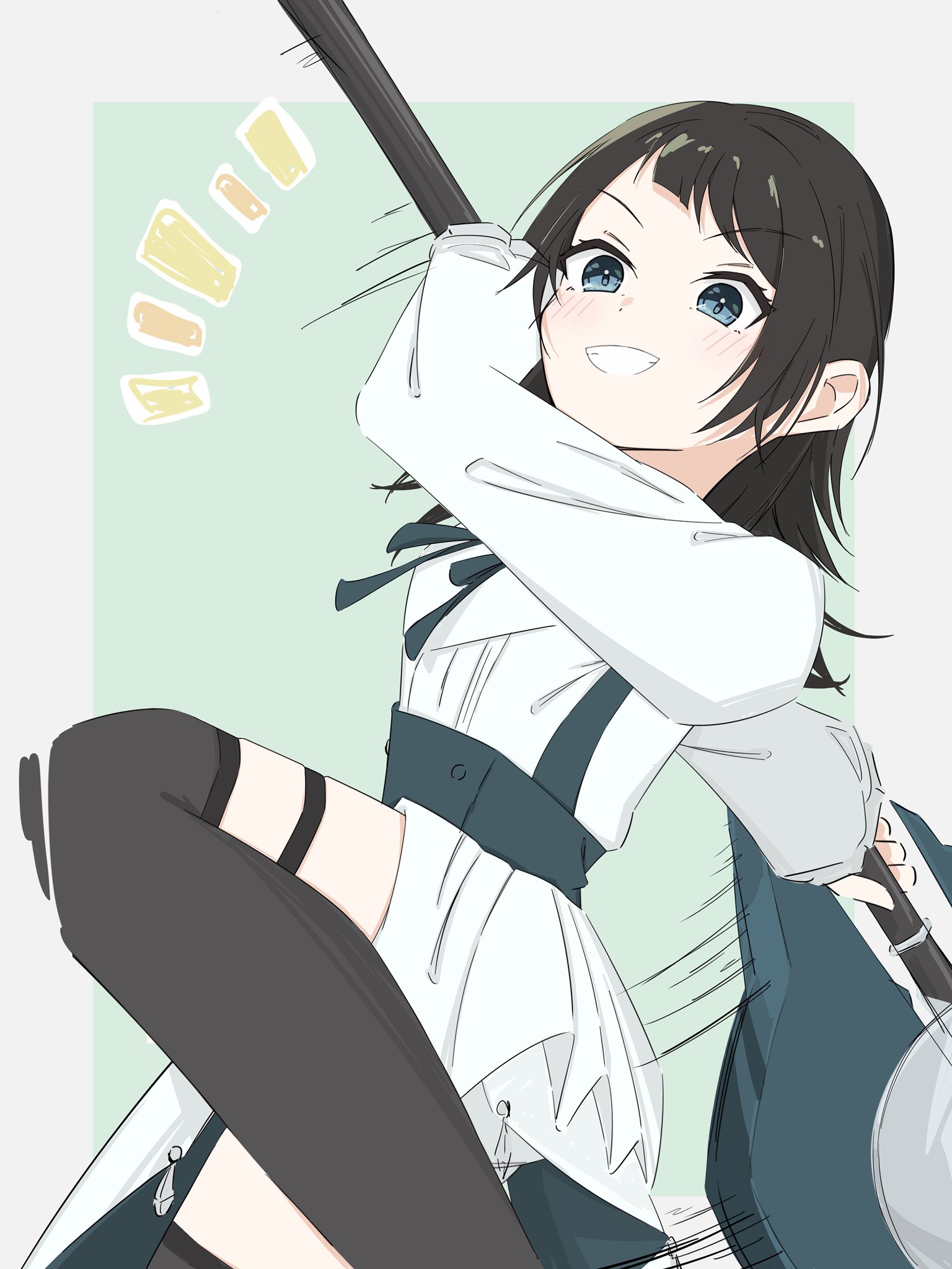 yahata umiri, bang dream!, bang dream! it's mygo!!!!!, commentary request, highres, 1girl, black hair, black thighhighs, blue eyes, border, holding, holding weapon, medium hair, melty lubll, outside border, purple eyes, solo, thighhighs, weapon, white background, white border