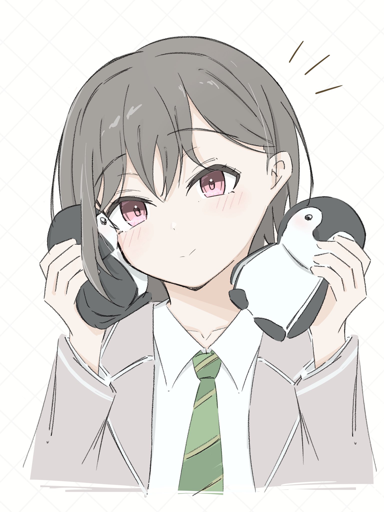 takamatsu tomori, bang dream!, bang dream! it's mygo!!!!!, commentary, highres, symbol-only commentary, 1girl, diagonal-striped clothes, diagonal-striped necktie, green necktie, grey hair, grey jacket, hands up, haneoka school uniform, jacket, melty lubll, necktie, pink eyes, school uniform, shirt, short hair, solo, striped clothes, stuffed animal, stuffed penguin, stuffed toy, upper body, white background, white shirt