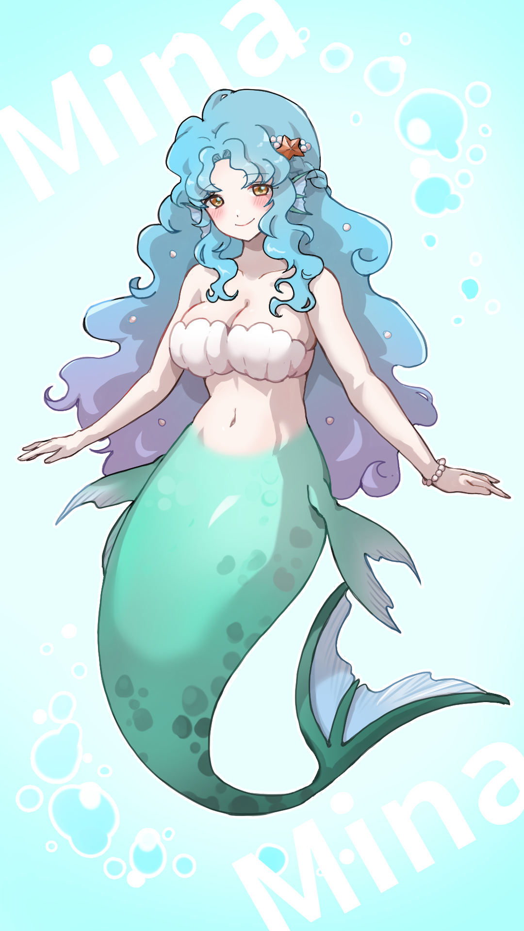 komena (shinyday312), original, commentary request, highres, 1girl, air bubble, bare shoulders, blue background, blue hair, blush, bracelet, braid, breasts, brown eyes, bubble, character name, cleavage, english text, fins, gradient hair, green tail, hair ornament, head fins, jewelry, large breasts, long sidelocks, mermaid, monster girl, multicolored hair, navel, pearl bracelet, purple hair, side braid, sidelocks, smile, solo, starfish, starfish hair ornament