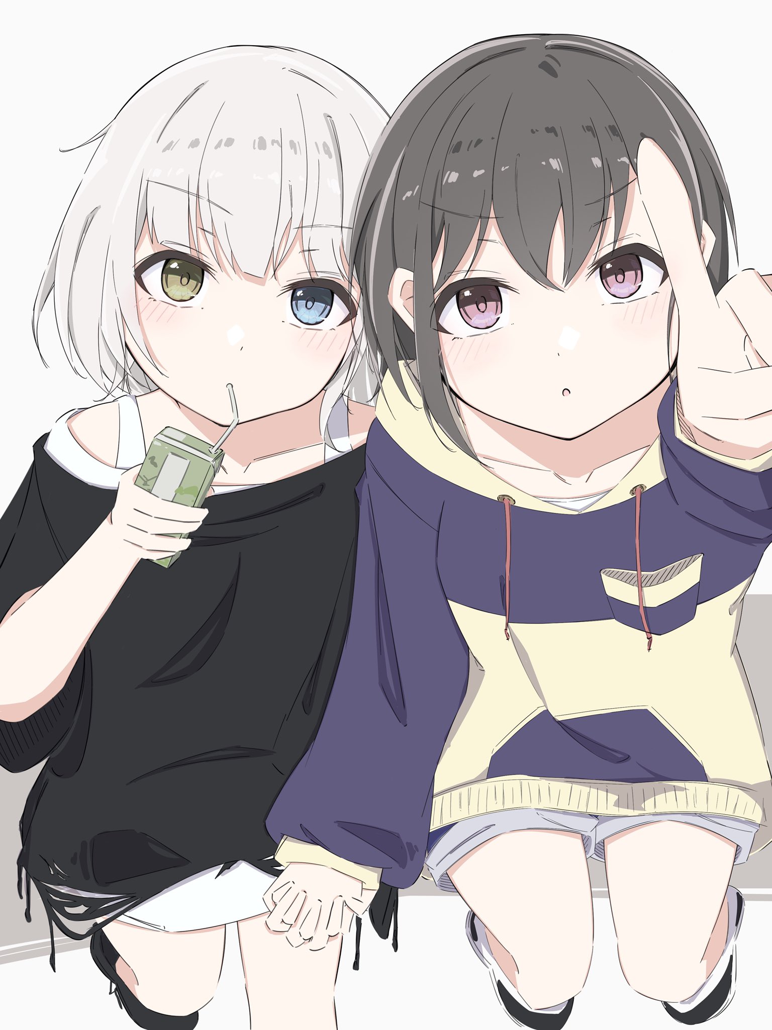 kaname raana, takamatsu tomori, bang dream!, bang dream! it's mygo!!!!!, commentary, highres, 2girls, black shirt, blue eyes, blue hoodie, blue shorts, drinking straw, drinking straw in mouth, grey hair, heterochromia, holding hands, hood, hood down, hoodie, interlocked fingers, melty lubll, multiple girls, open mouth, pink eyes, pointing, shirt, short hair, shorts, simple background, sitting, white background, white hair, yellow eyes, yuri