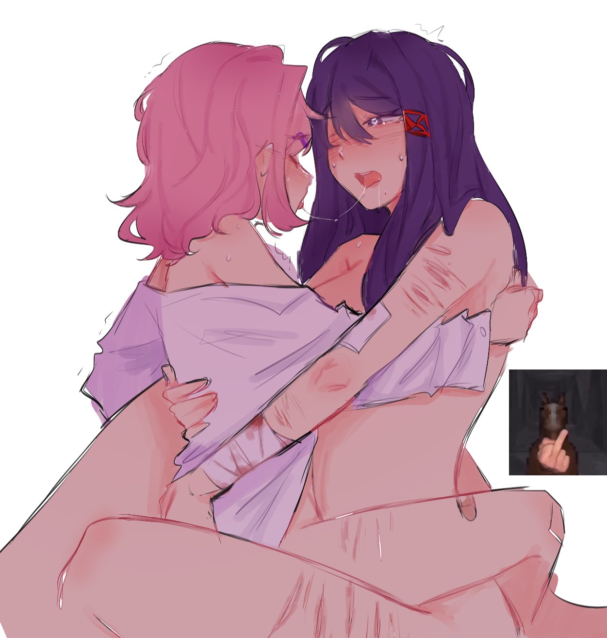 pockiseisont, natsuki (doki doki literature club), yuri (doki doki literature club), doki doki literature club, highres, non-web source, bottomless, hug, kiss, multiple scars, nude, pink hair, purple hair, saliva, scar, sex, topless female, yuri