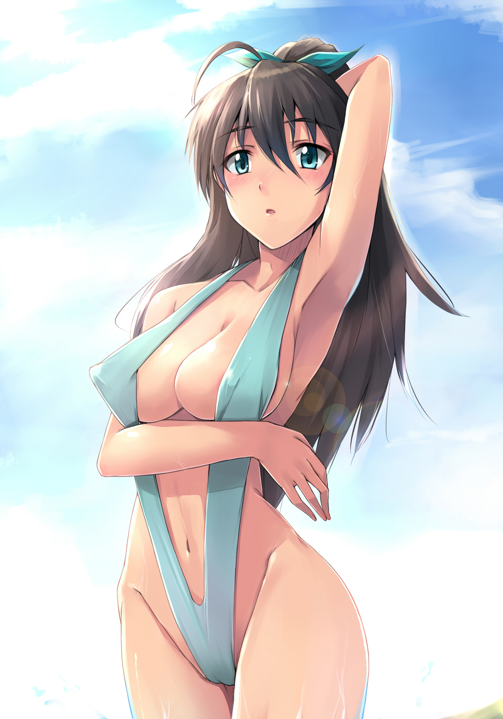 yuki usagi (mofurafu), ganaha hibiki, idolmaster, idolmaster (classic), bad id, bad pixiv id, highres, 00s, 1girl, ahoge, aqua eyes, areola slip, armpits, bikini, blush, breasts, brown hair, cleavage, cloud, covered erect nipples, day, female focus, large breasts, long hair, sky, slingshot swimsuit, solo, swimsuit, wet