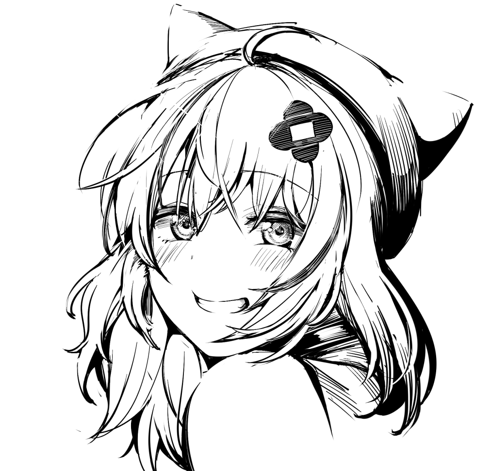 sadahiro (chicken nugget gyuuniku aji), ooshiro mashiro, aogiri koukou, commentary request, 1girl, ahoge, beret, greyscale, grin, hat, looking at viewer, medium hair, monochrome, portrait, simple background, smile, solo, virtual youtuber