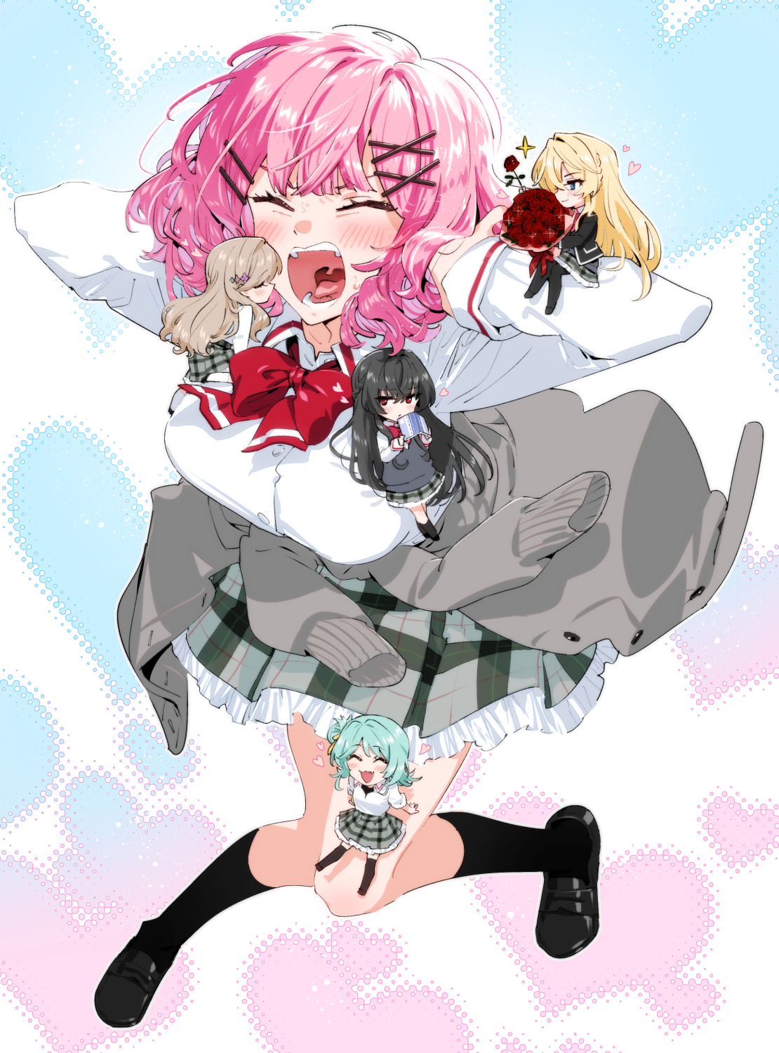 minakata sunao, amaori renako, koto satsuki, koyanagi kaho, ouzuka mai, sena ajisai, watashi ga koibito ni nareru wake naijan murimuri!, commentary request, highres, 5girls, :3, aqua hair, ashigaya high school uniform, black hair, black jacket, black shoes, black socks, blonde hair, blush, bow, bowtie, braid, brown hair, cardigan, cardigan around waist, chibi, clothes around waist, collared shirt, crossed bangs, dress shirt, fang, flipped hair, flower hairpin, frilled skirt, frills, grey sweater vest, hair between eyes, hair ornament, hair ribbon, hairclip, half up braid, hand on own head, jacket, kneehighs, loafers, long hair, long sleeves, mini person, minigirl, multiple girls, nape braid, necktie, open mouth, pantyhose, parallel hairclips, pink hair, plaid clothes, plaid skirt, pleated skirt, red bow, red bowtie, ribbon, school uniform, shirt, shoes, sidelocks, skin fang, skirt, socks, sweater vest, swept bangs, thighhighs, turtleneck, very long hair, wavy hair, white shirt, x hair ornament, yellow ribbon