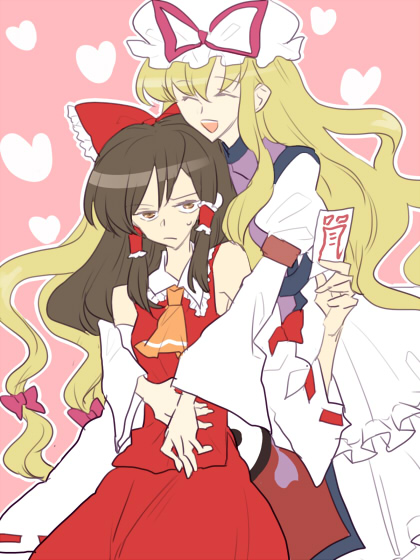 makiko, hakurei reimu, yakumo yukari, touhou, bad id, bad pixiv id, 2girls, annoyed, blonde hair, bow, brown hair, detached sleeves, female focus, hat, heart, hug, japanese clothes, long hair, miko, multiple girls, ofuda, short hair