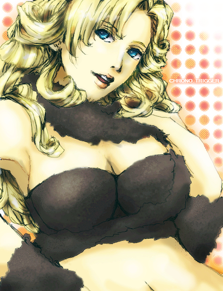 himasen, ayla (chrono trigger), chrono (series), chrono trigger, square enix, bad id, bad pixiv id, 1990s (style), 1girl, blonde hair, blue eyes, blue hair, breasts, cleavage, curly hair, female focus, large breasts, long hair, matching hair/eyes, midriff, retro artstyle, solo