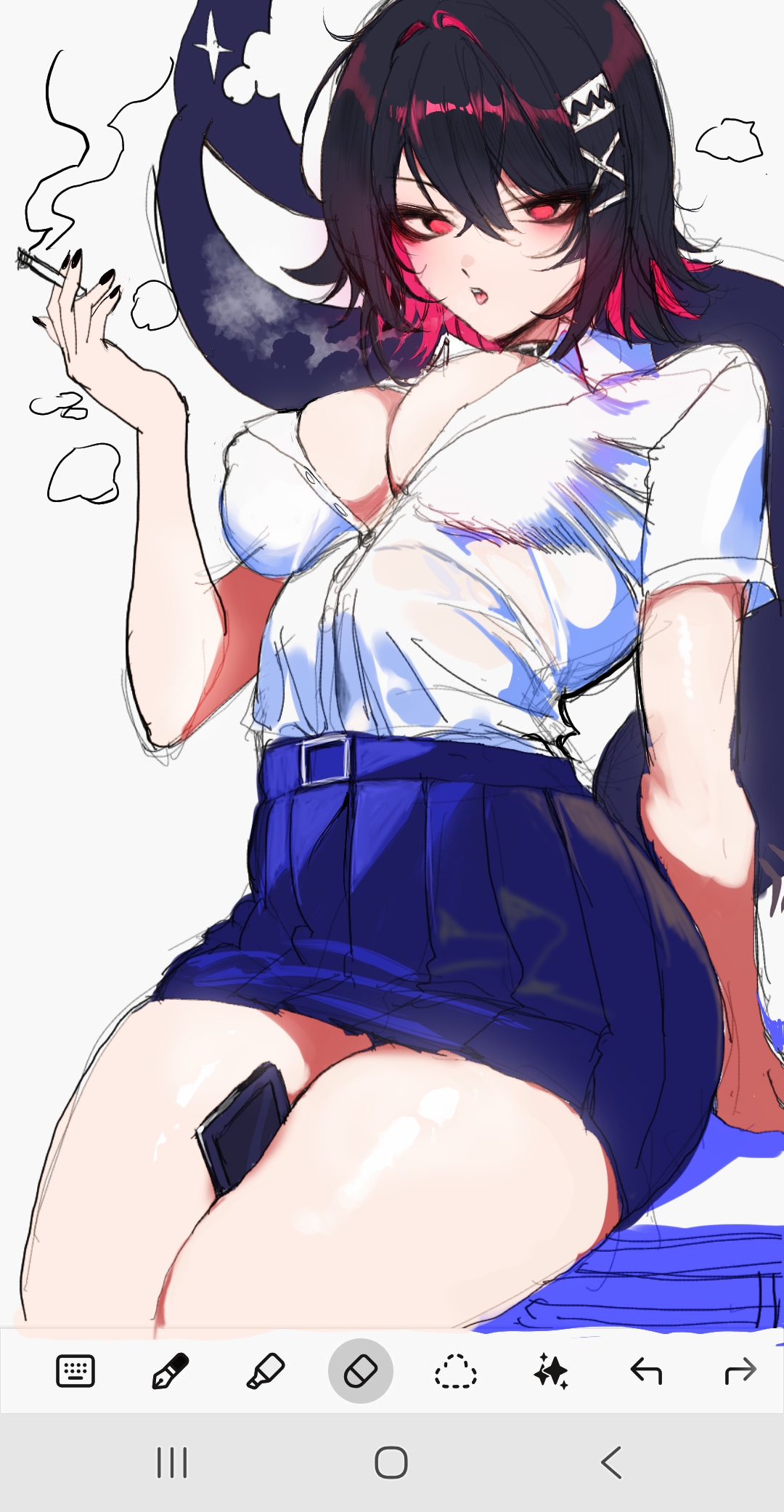 ellen joe, ellen joe (on campus), zenless zone zero, highres, 1girl, arm up, art program in frame, bare legs, black choker, black hair, black nails, blue skirt, breasts, button gap, buttons, choker, cigar, cigarette, cleavage, colored inner hair, cowboy shot, desk, fingernails, fins, fish tail, hair between eyes, hair ornament, hairclip, holding, holding cigar, holding cigarette, looking at viewer, medium breasts, miniskirt, multicolored hair, official alternate costume, on desk, open mouth, pleated skirt, razor blade hair ornament, red eyes, red hair, school uniform, shark girl, shark tail, shirt, short hair, short sleeves, simple background, sitting, sketch, skirt, smoke, smoke trail, smoking, solo, tail, teeth, thick thighs, thighs, tonari no oji-san, two-tone hair, user interface, white background, white shirt, x hair ornament