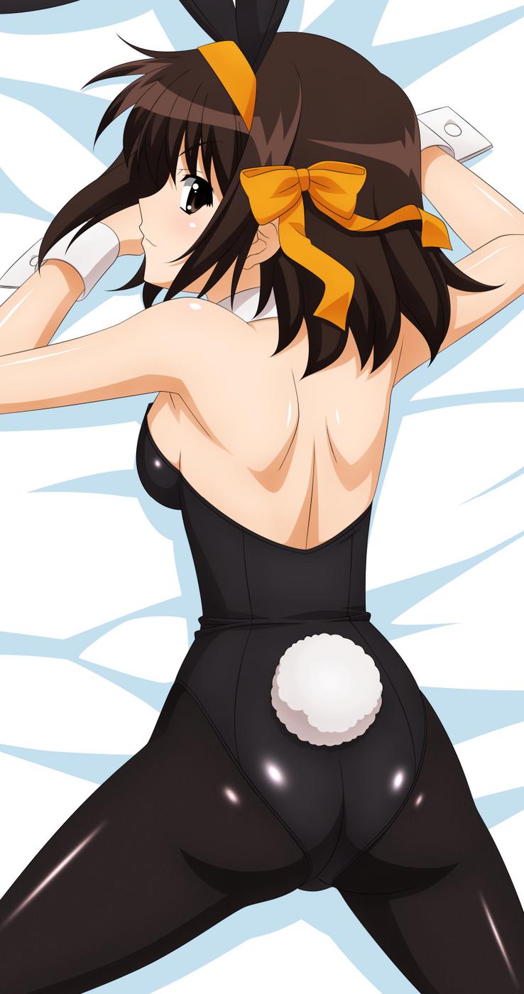 sugimura tomokazu, suzumiya haruhi, suzumiya haruhi no yuuutsu, bunny girl, highres, 00s, animal ears, ass, back, blush, breasts, pantyhose, playboy bunny, rabbit ears, sideboob, smile, tail
