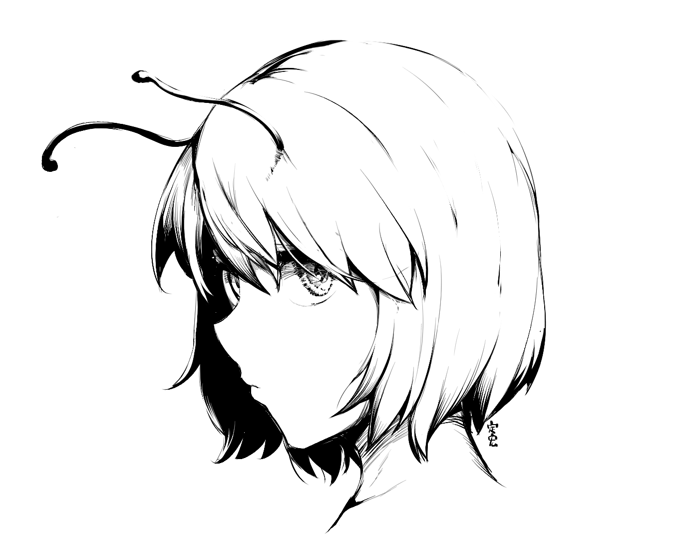 sadahiro (chicken nugget gyuuniku aji), wriggle nightbug, touhou, commentary, 1girl, antennae, closed mouth, expressionless, greyscale, looking at viewer, monochrome, portrait, short hair, simple background, solo
