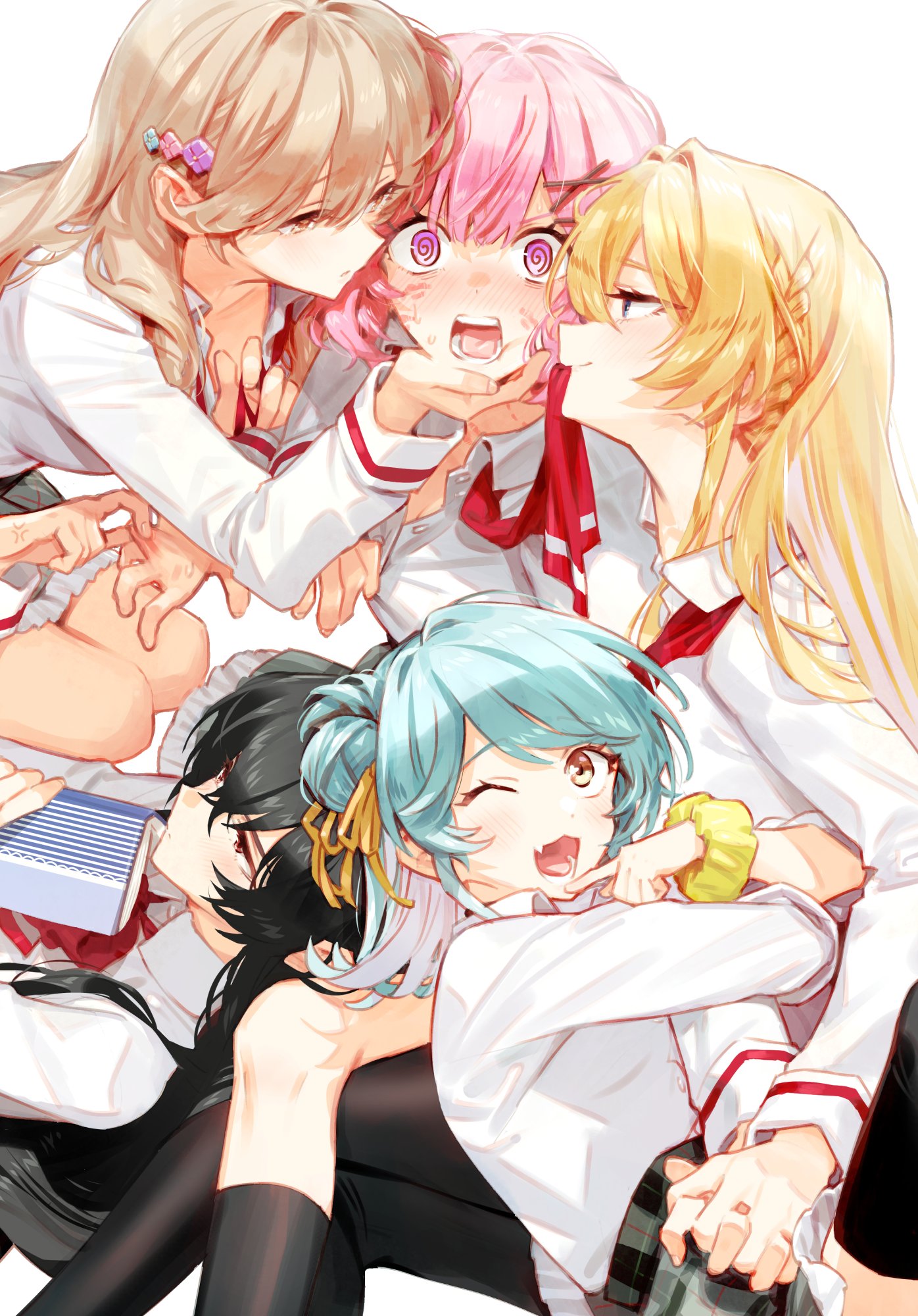 minakata sunao, amaori renako, koto satsuki, koyanagi kaho, ouzuka mai, sena ajisai, watashi ga koibito ni nareru wake naijan murimuri!, commentary request, highres, 5girls, @ @, anger vein, bite mark, black hair, black pantyhose, black socks, blonde hair, blue eyes, blue hair, blush, braid, breasts, brown eyes, brown hair, cleavage, fang, grey skirt, hair between eyes, hair ornament, hand on another's cheek, hand on another's face, harem, holding hands, interlocked fingers, kneehighs, long hair, long sleeves, medium hair, mouth hold, multiple girls, one eye closed, open mouth, pantyhose, purple eyes, red eyes, ribbon, ribbon in mouth, shirt, side braid, simple background, skin fang, skirt, socks, undressing another, white background, white shirt, x hair ornament, yuri