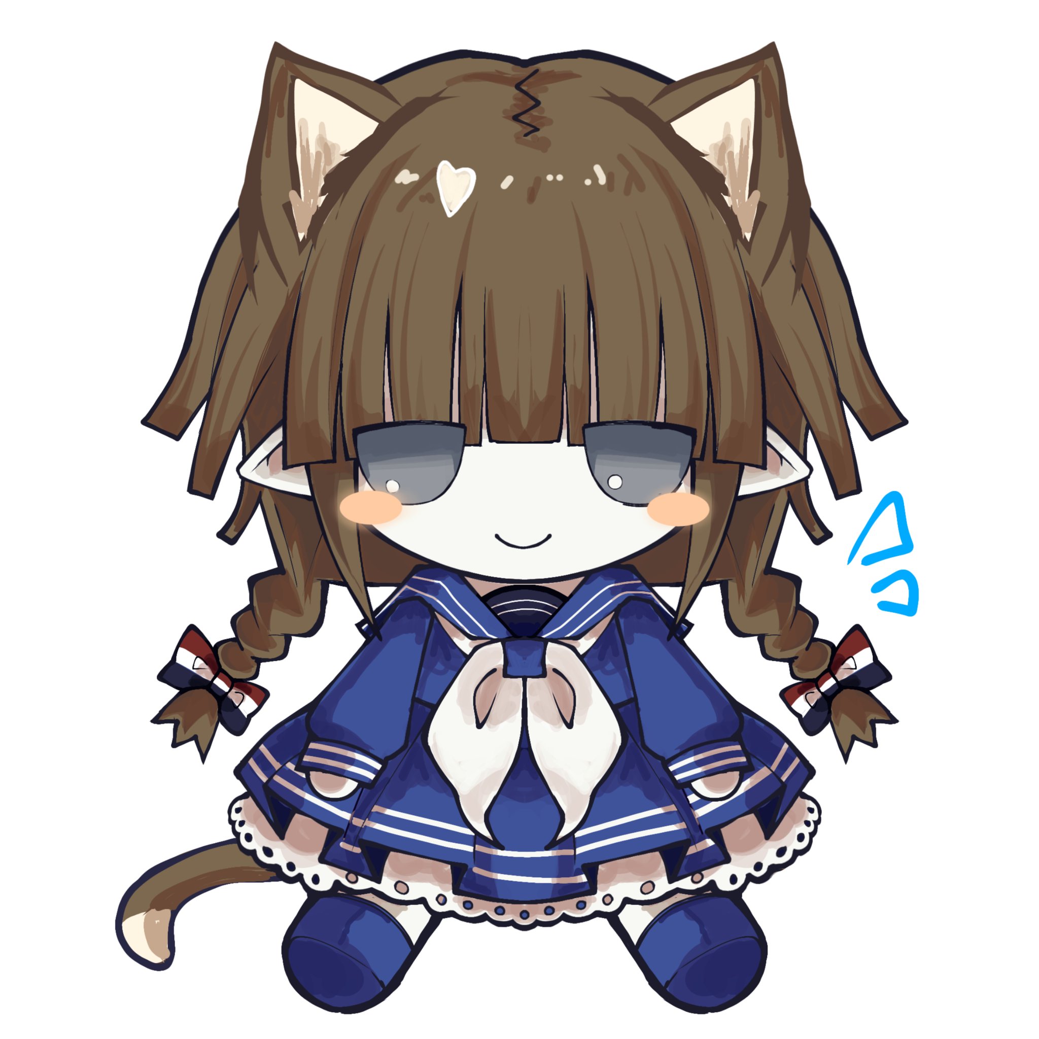 sam (sillylinariafan), wadanohara, funamusea, oounabara to wadanohara, highres, 1girl, animal ears, back bow, blue sailor collar, blue shirt, blue shoes, blue skirt, blush stickers, bow, braid, cat ears, cat tail, closed mouth, colored skin, doll, fumo (doll), grey eyes, kemonomimi mode, multicolored bow, neckerchief, pleated skirt, pointy ears, sailor collar, shirt, shoes, simple background, sitting, skirt, smile, solo, spanish commentary, tail, twin braids, white background, white neckerchief, white skin
