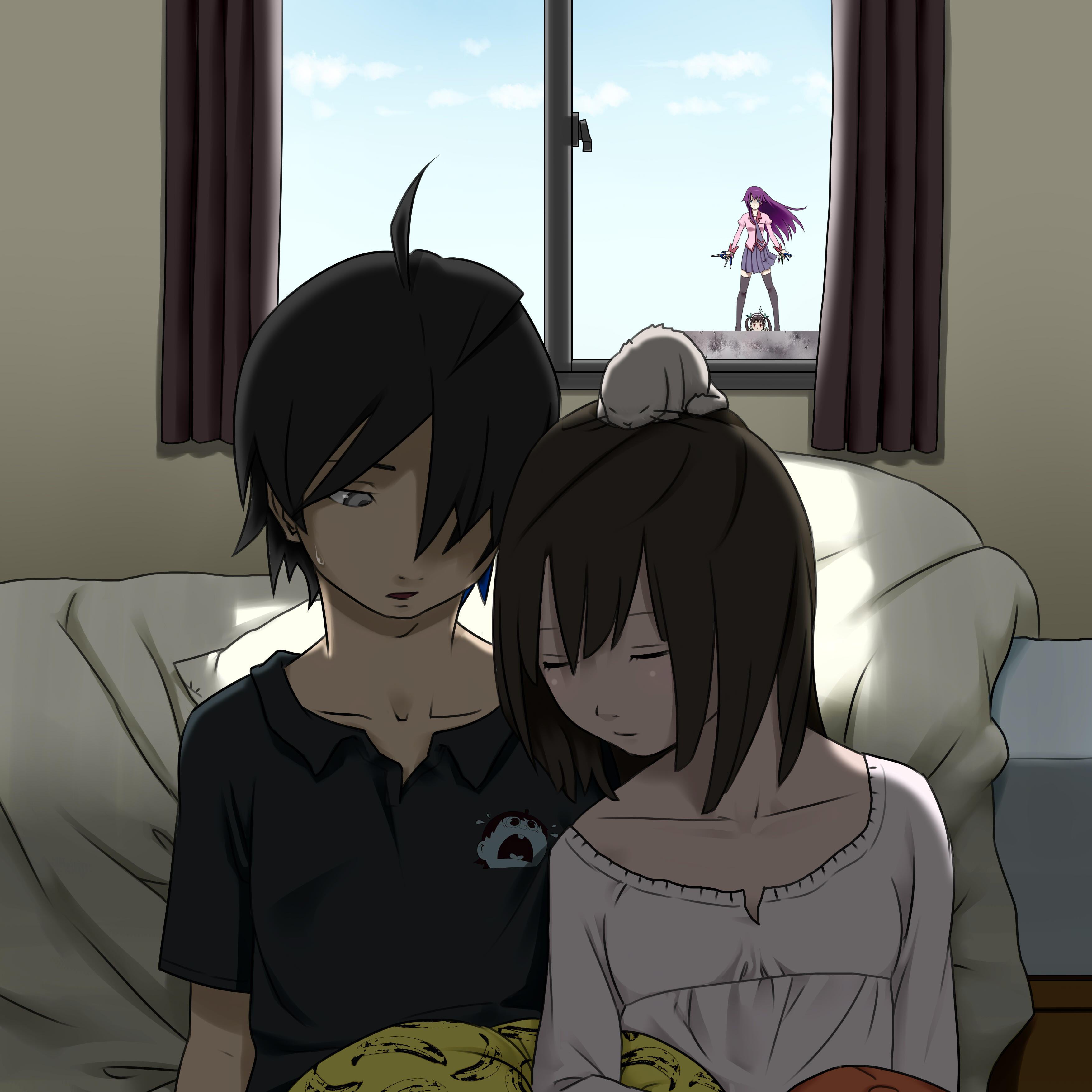 ryohhe, araragi koyomi, hachikuji mayoi, sengoku nadeko, senjougahara hitagi, bakemonogatari, monogatari (series), absurdres, highres, 00s, 1boy, 3girls, brown hair, cat, closed eyes, collarbone, couple, curtains, knife, leaning on person, multiple girls, one eye covered, purple hair, sleeping, stalking, stapler, window, yandere